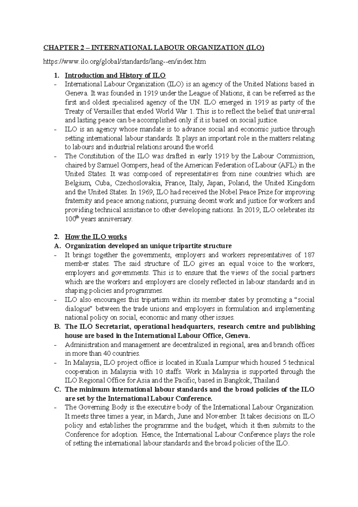 Chapter 2 - ILO - Labour law - summaries - CHAPTER 2 INTERNATIONAL ...