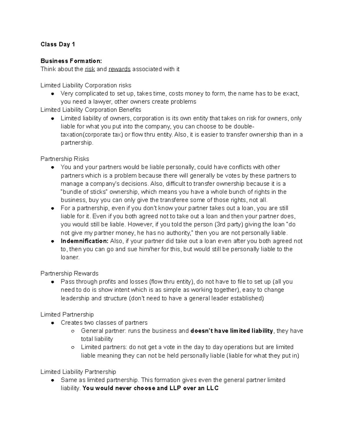 Law Study Guide - Lecture notes 1-16 - Class Day 1 Business Formation ...