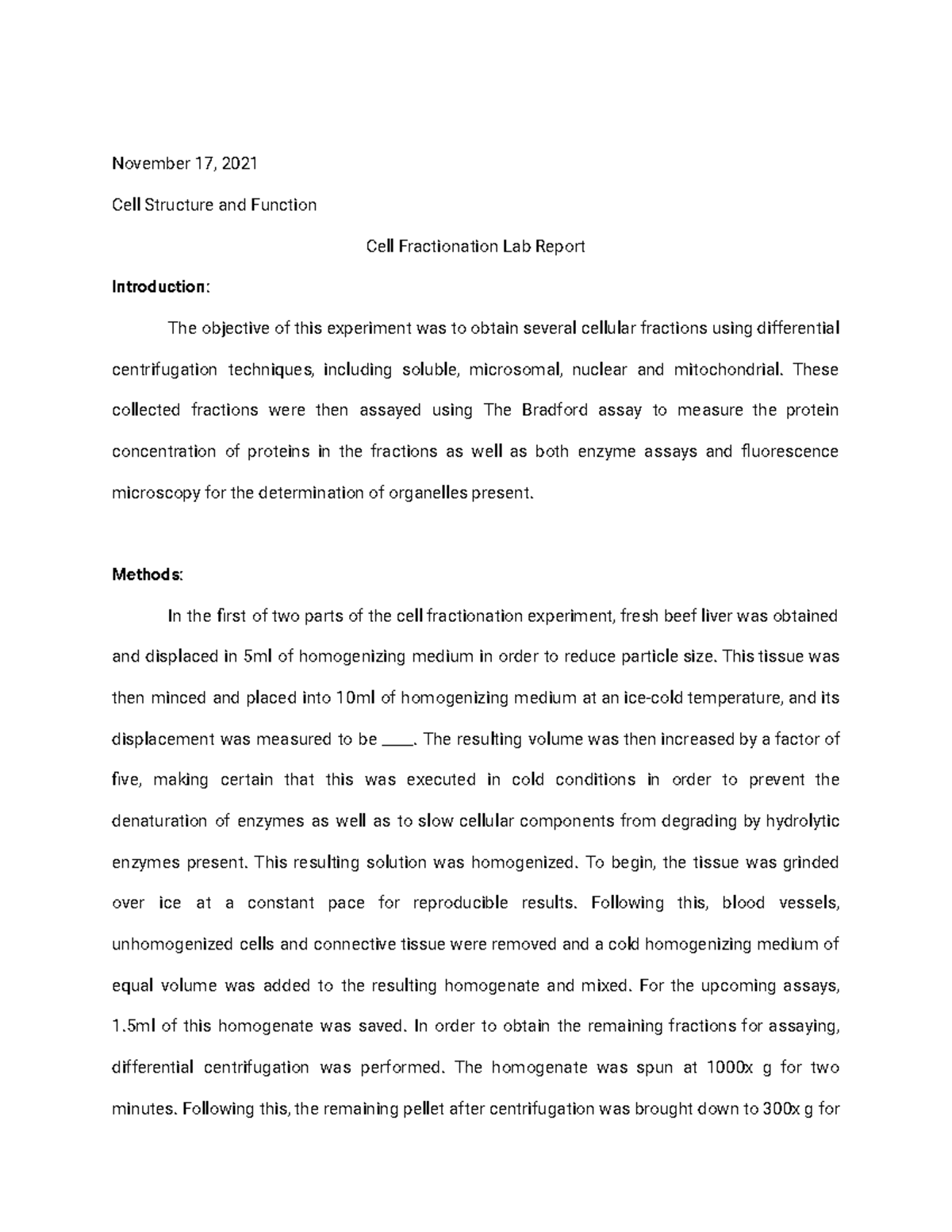 Lab Report - Cell Fractionation - November 17, 2021 Cell Structure and ...