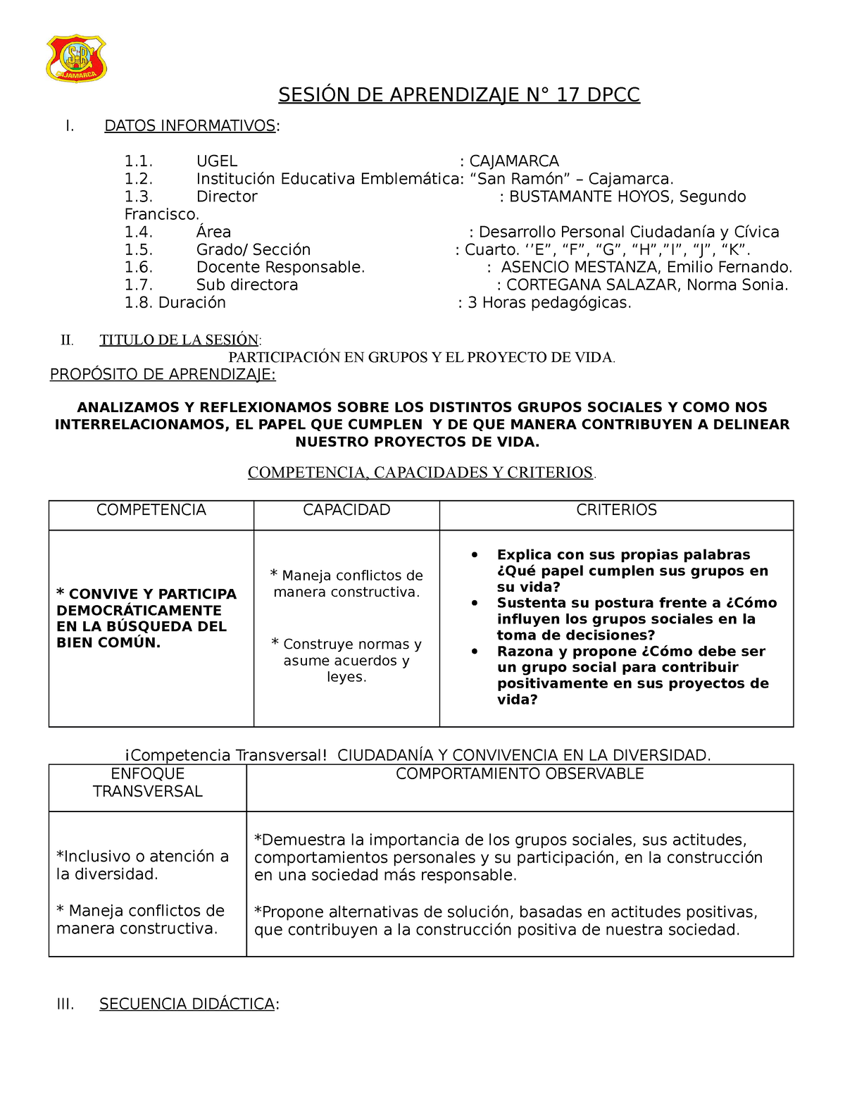 18 Sesión DPCC - SESION DPCC - SESIÓN DE APRENDIZAJE N° 17 DPCC I ...