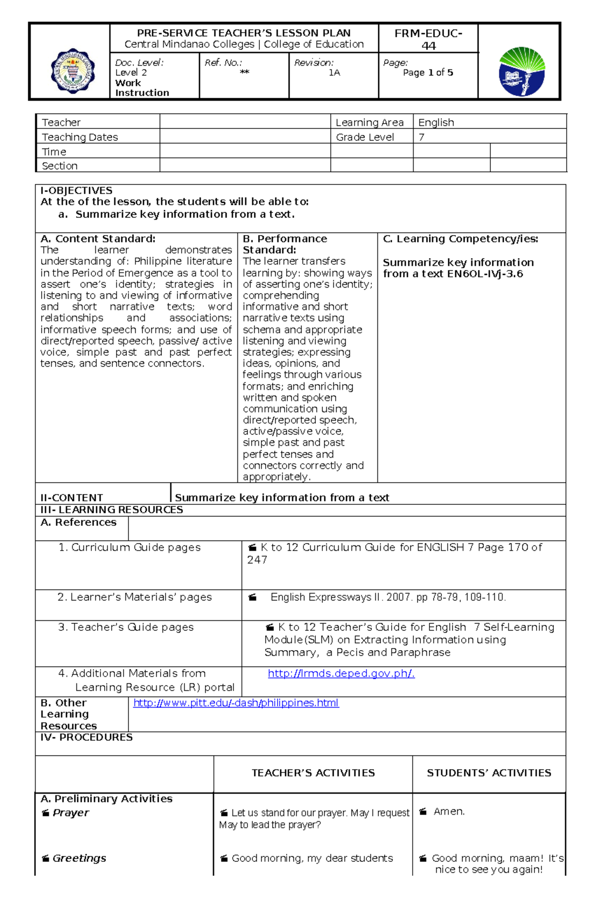 DLL English5 NONE Teacher Learning Area English Teaching Dates