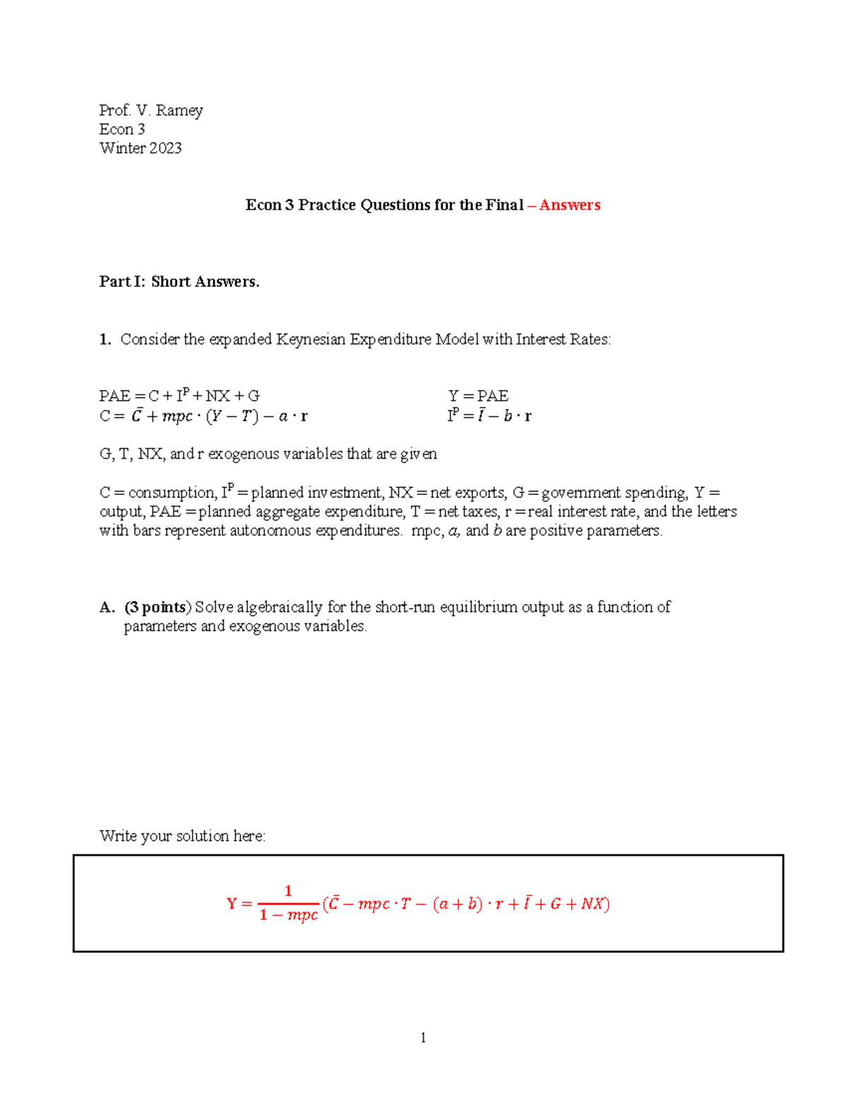 Econ 3 Practice Final W23 Answers - Prof. V. Ramey Econ 3 Winter 2023 ...