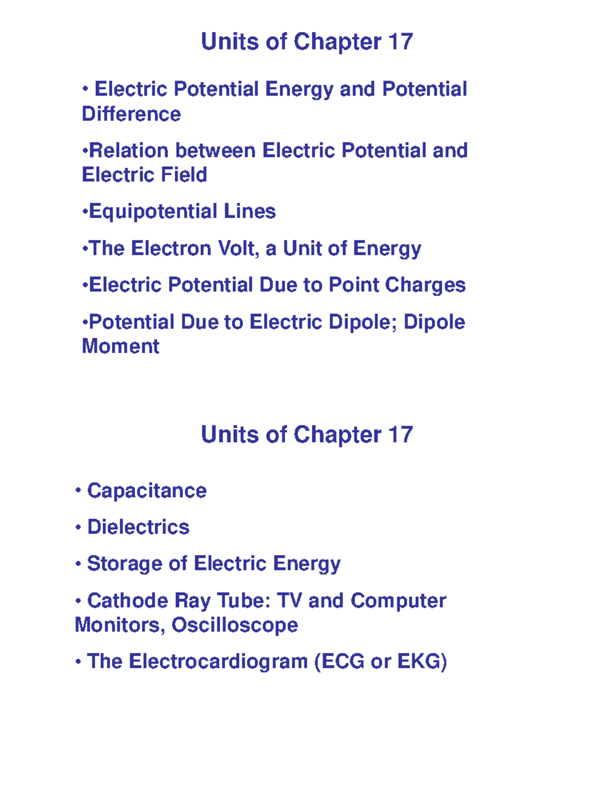 Chapter 17 notes physics - Units of Chapter 17 Electric Potential ...