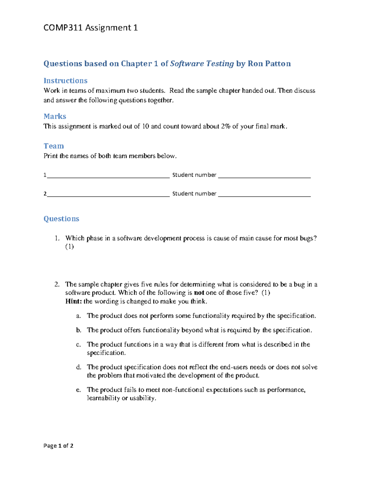 COMP311Asign 1 - asdasd - COMP311 Assignment 1 Page 1 of 2 Questions ...