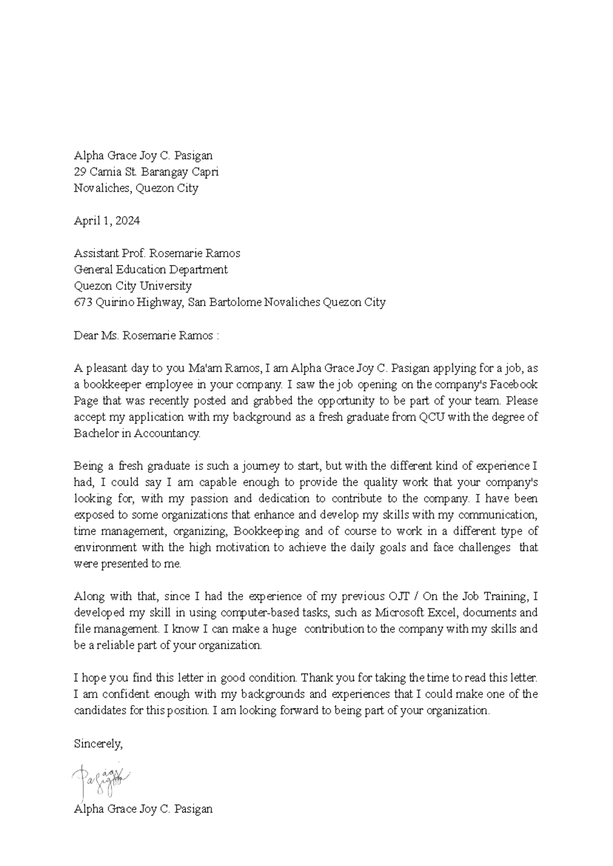 Cover Letter For Resume - Alpha Grace Joy C. Pasigan 29 Camia St ...