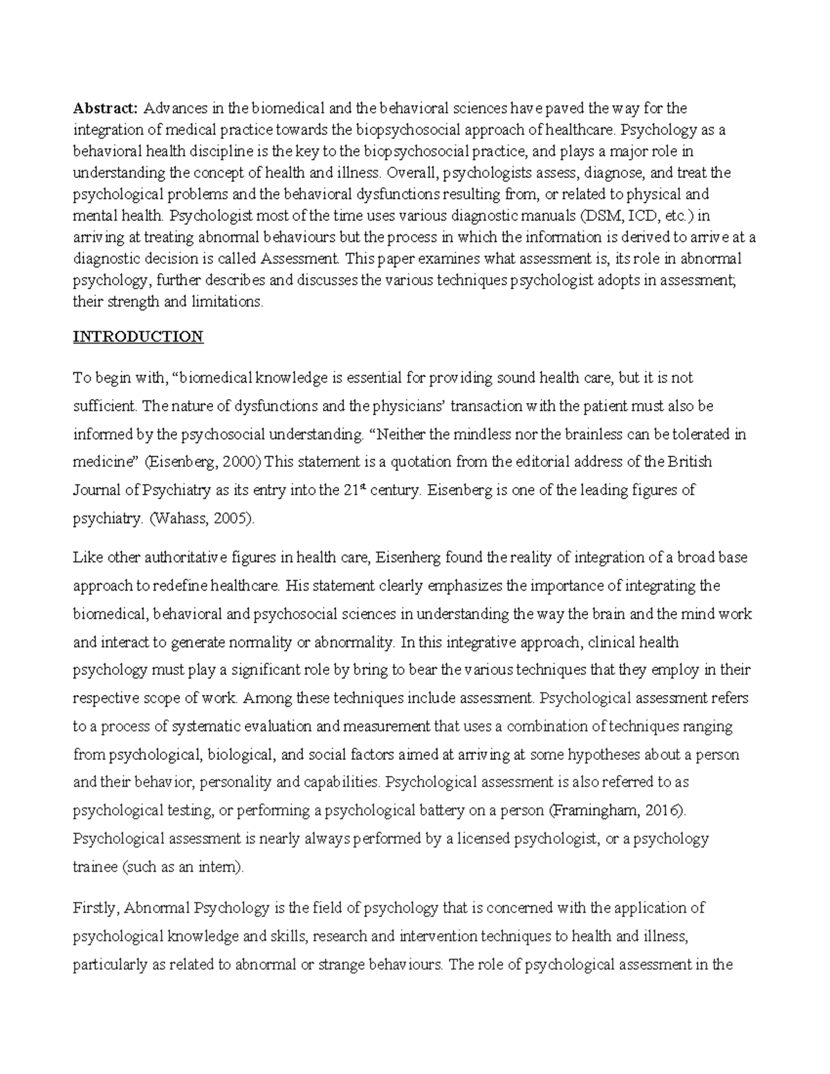 Psychological assessments Abstract Advances in the biomedical and