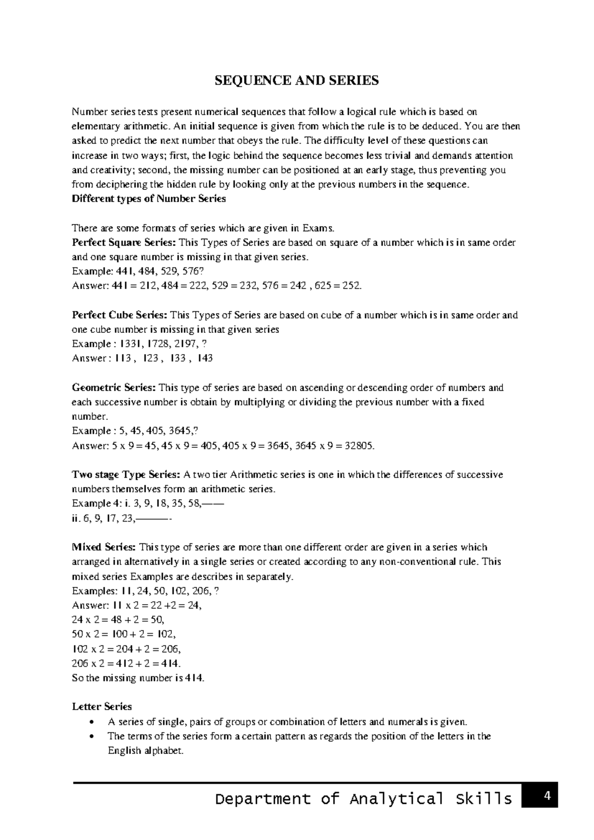 Unit I 1. Series Completion Practice problems for analytical skills ...