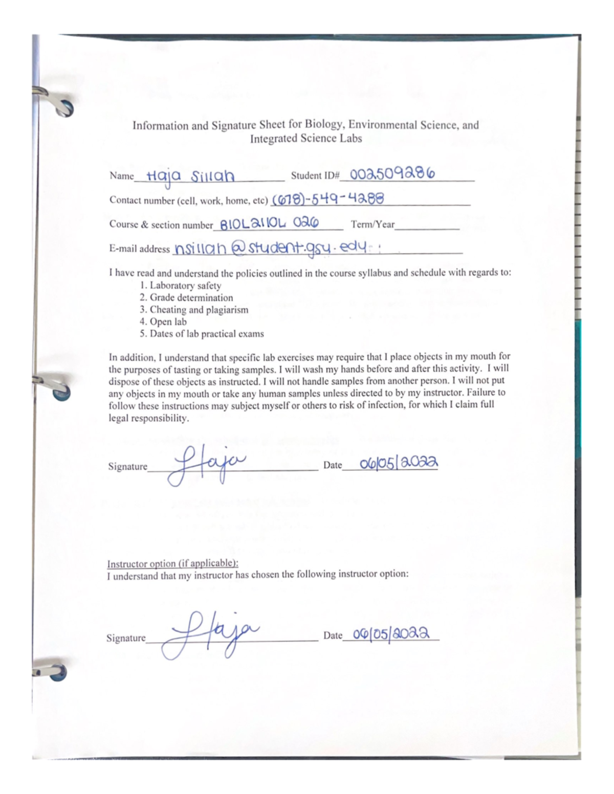 Information and Signature Sheet for Biology, Environmental Science, and ...