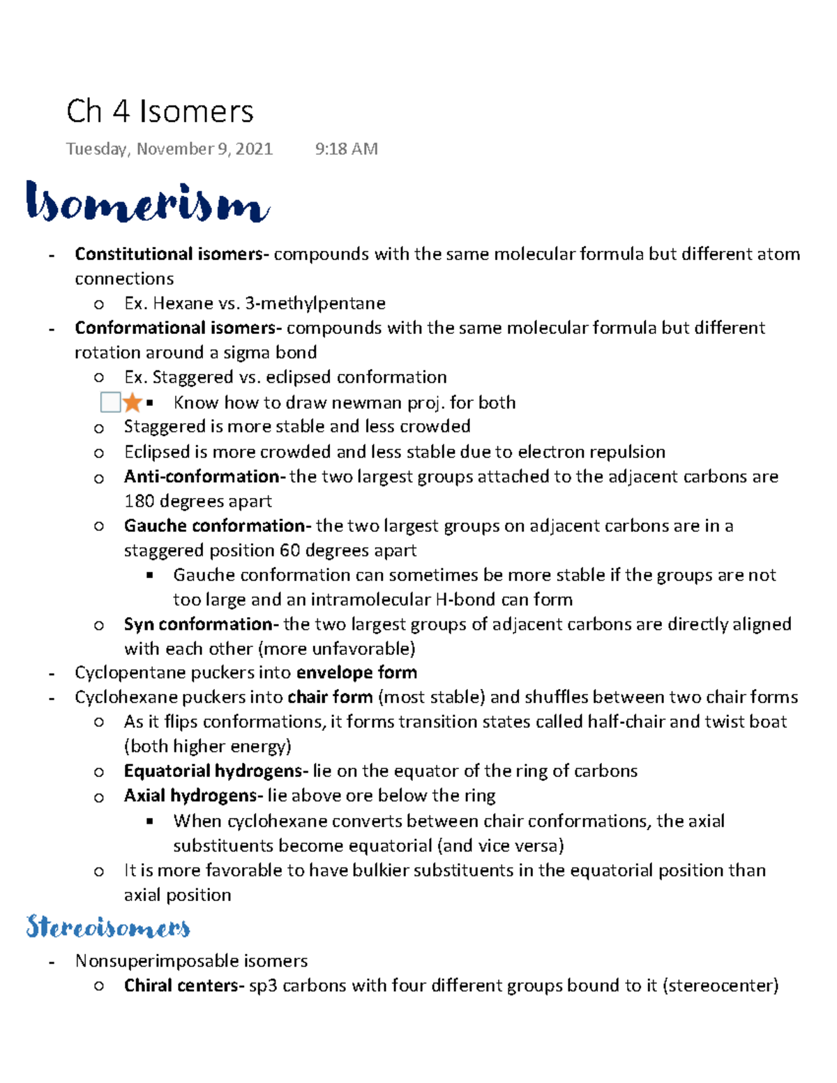 Ch 4 Isomerism - Lecture notes MCAT WEek - Chem 14D - UCLA - Studocu
