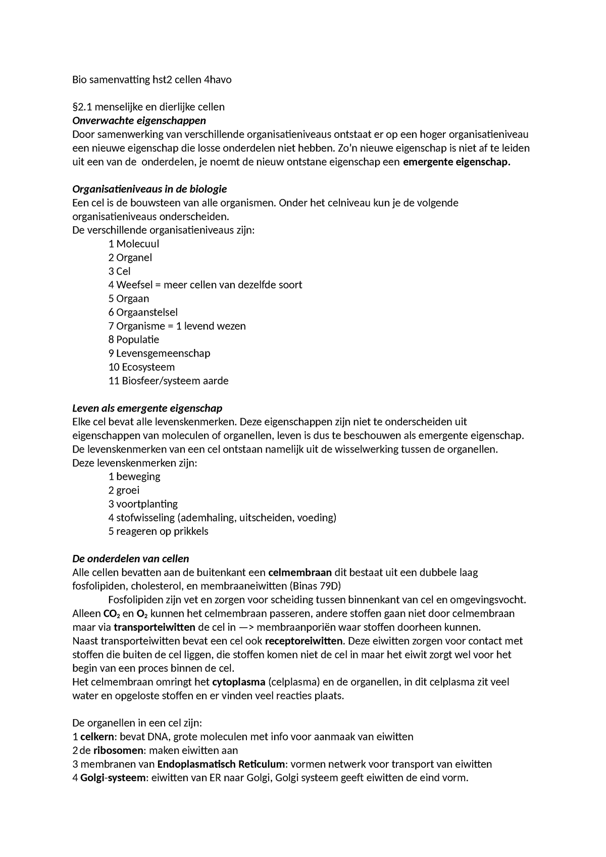 Bio Samenvatting H2 Cellen 4h - Bio Samenvatting Hst2 Cellen 4havo §2 ...