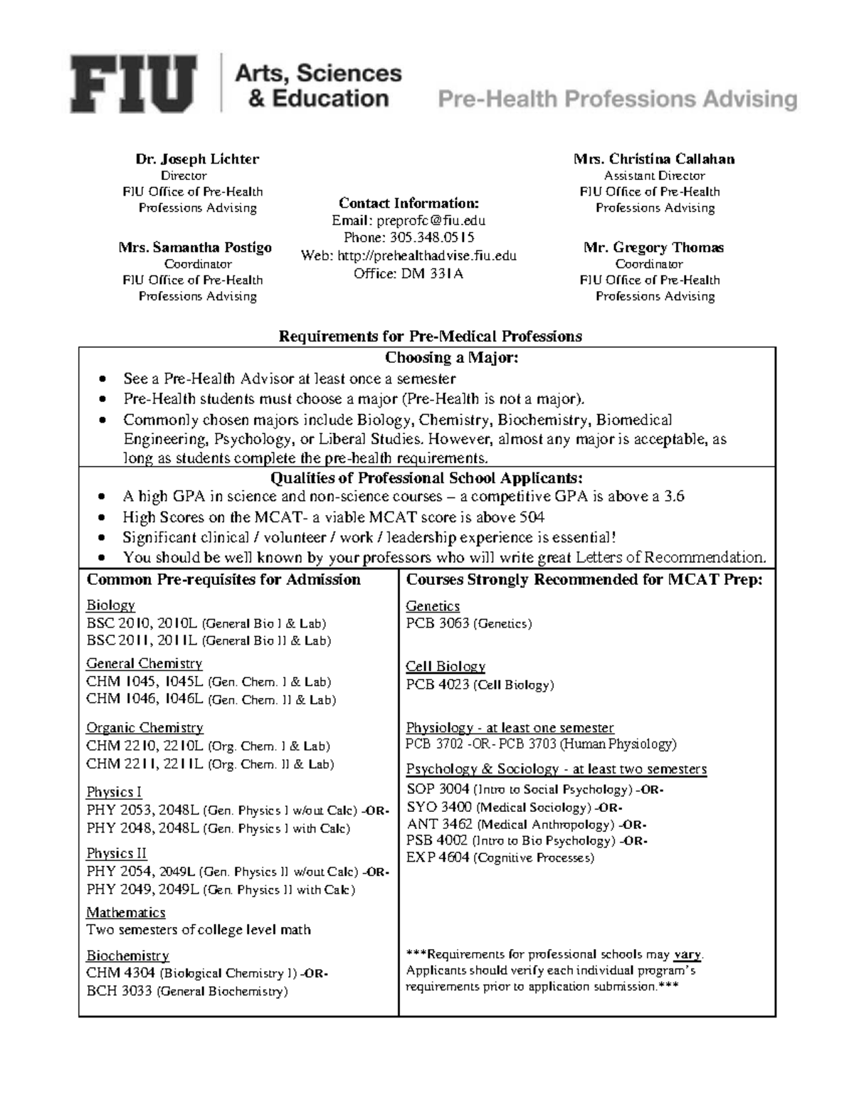 Pre med info sheet for bio majors to look at - Dr. Joseph Lichter ...