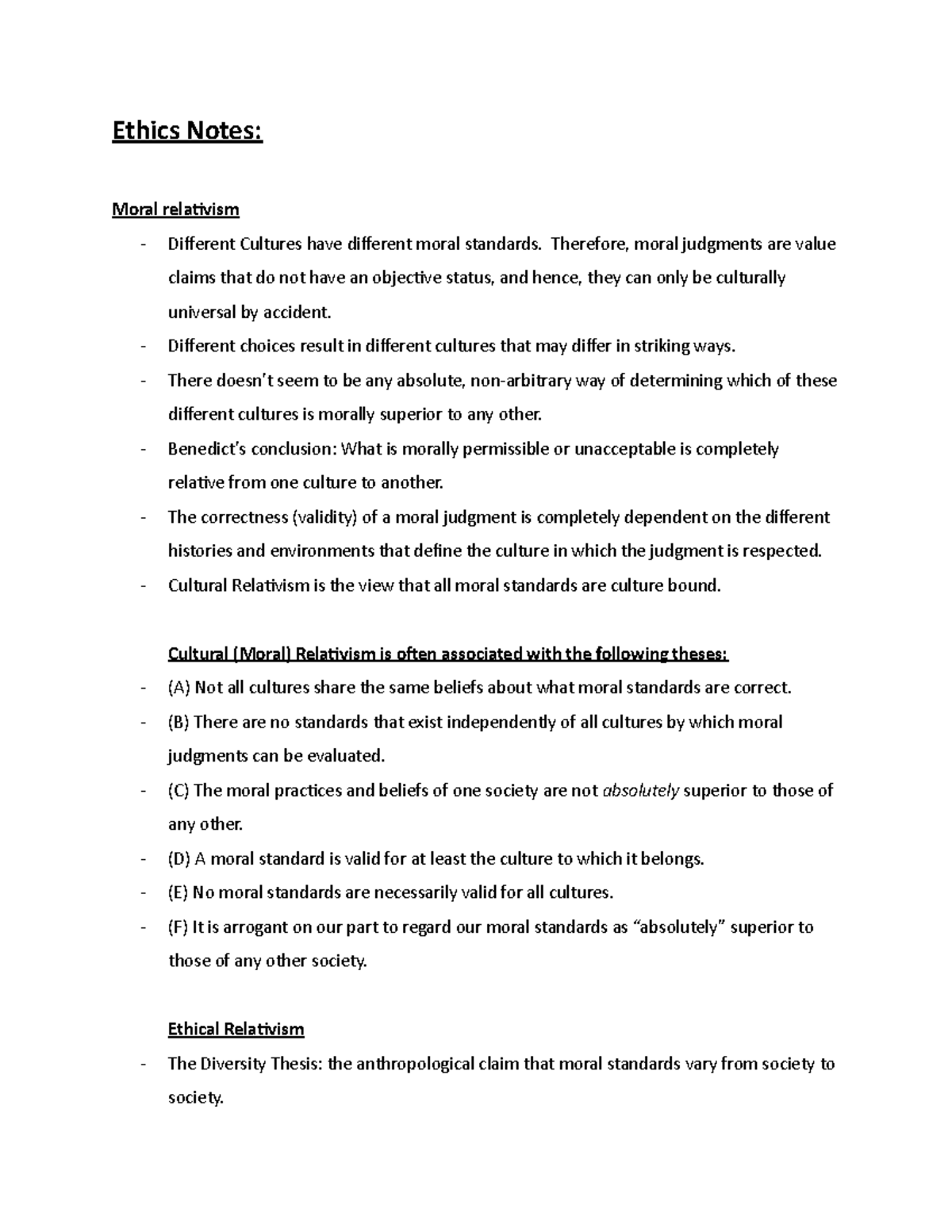 Ethics Notes - Ethics Notes: Moral relativism - Different Cultures have ...