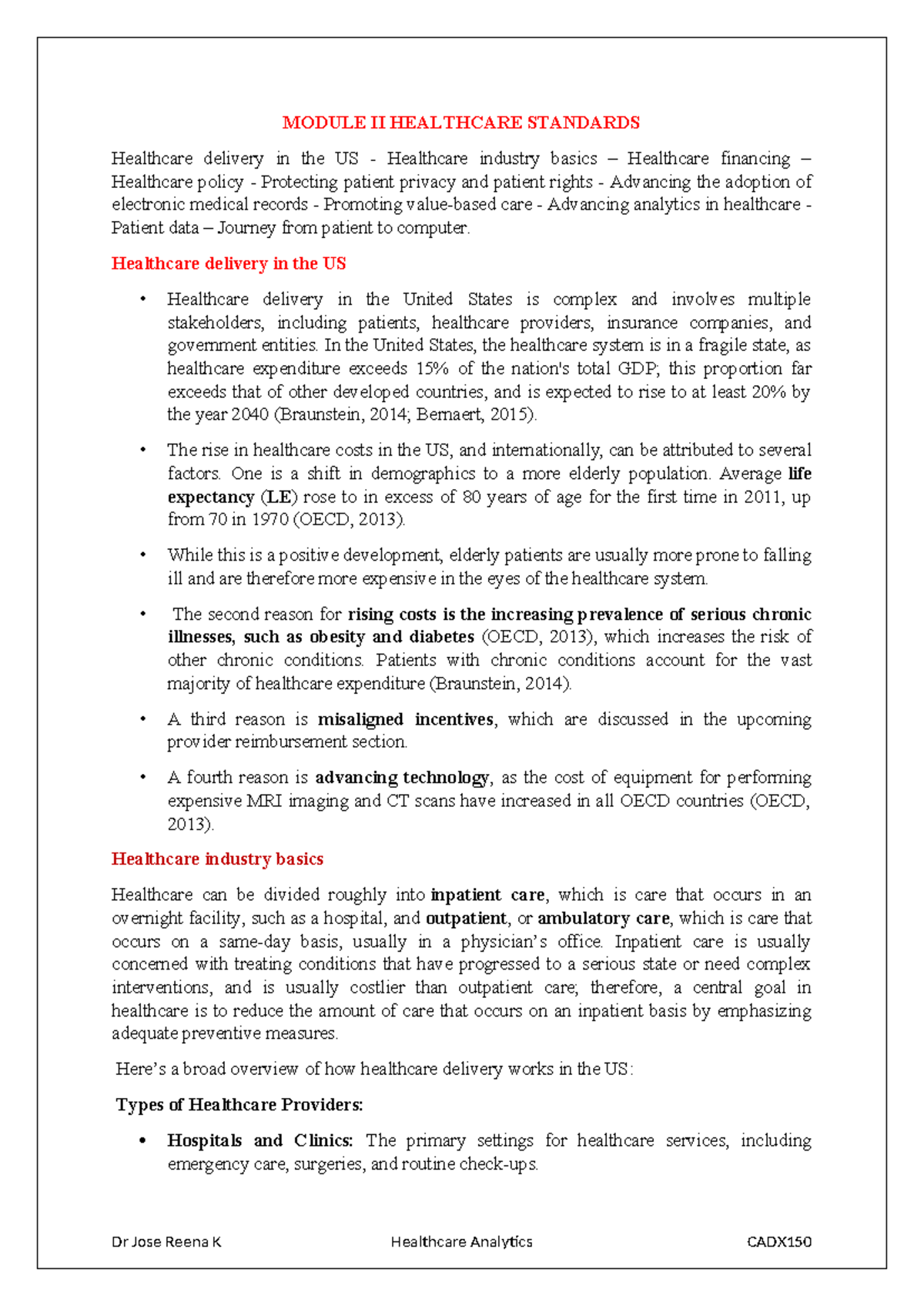 Health CARE Analytics Module 2 - MODULE II HEALTHCARE STANDARDS ...