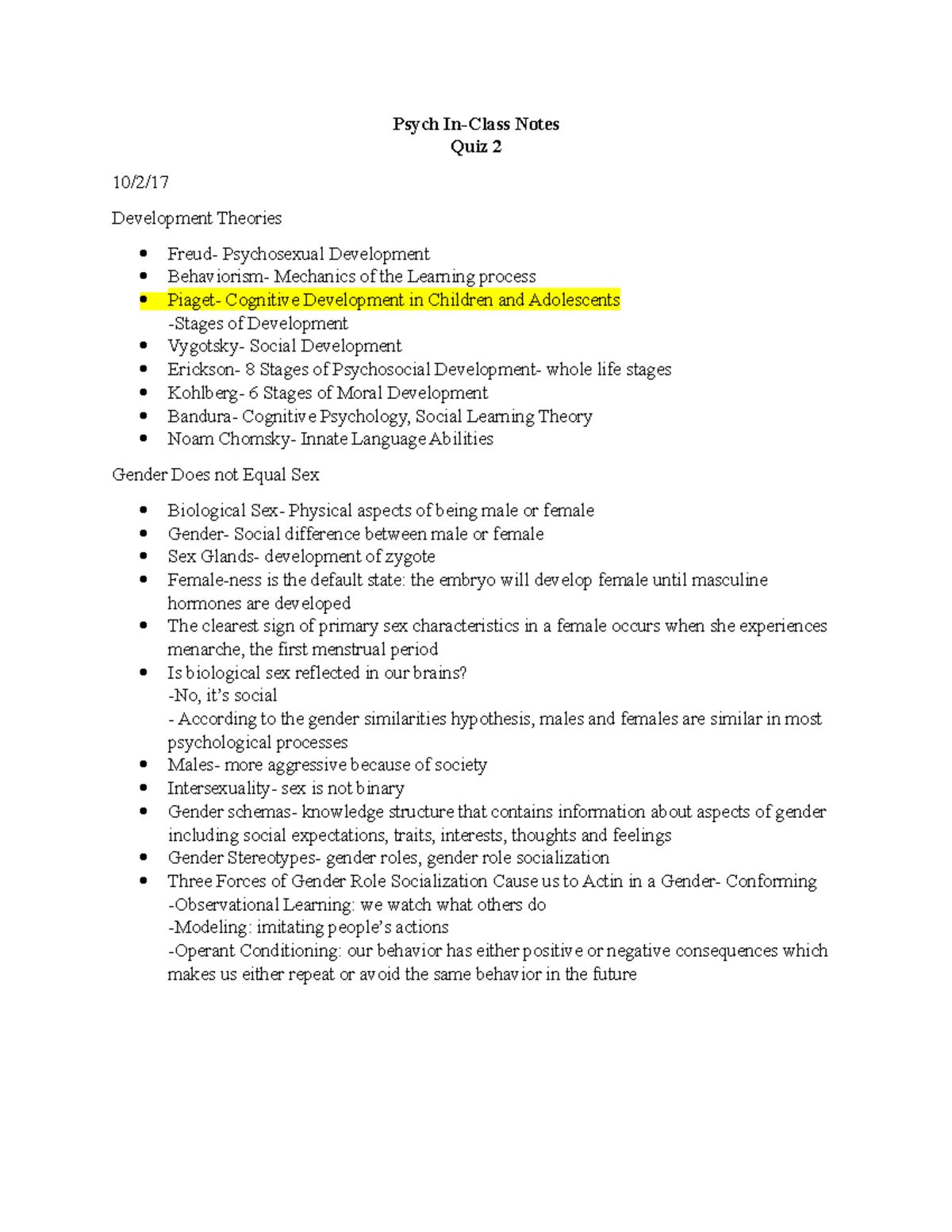 Quiz 2 Notes - Psych Notes Quiz 2 Development Theories Psychosexual ...