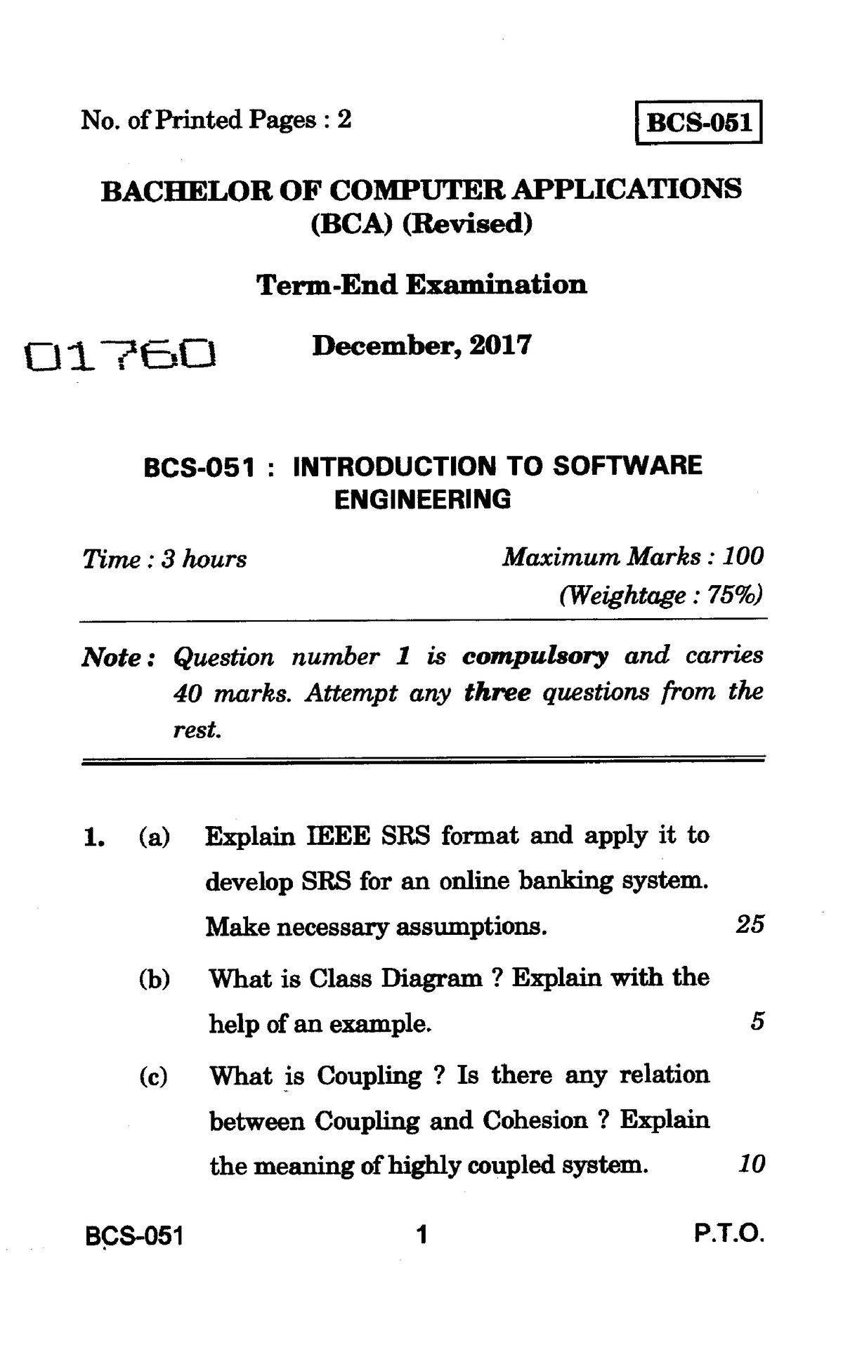 Bcs 051 No Of Printed Pages 2 I Bcs 05 1 I Bachelor Of Computer