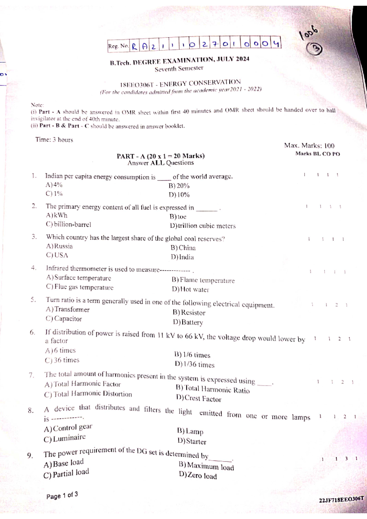 Energy Conservation Sem 7 July 2024 - 1006 Reg. No. B. Tech. DEGREE ...