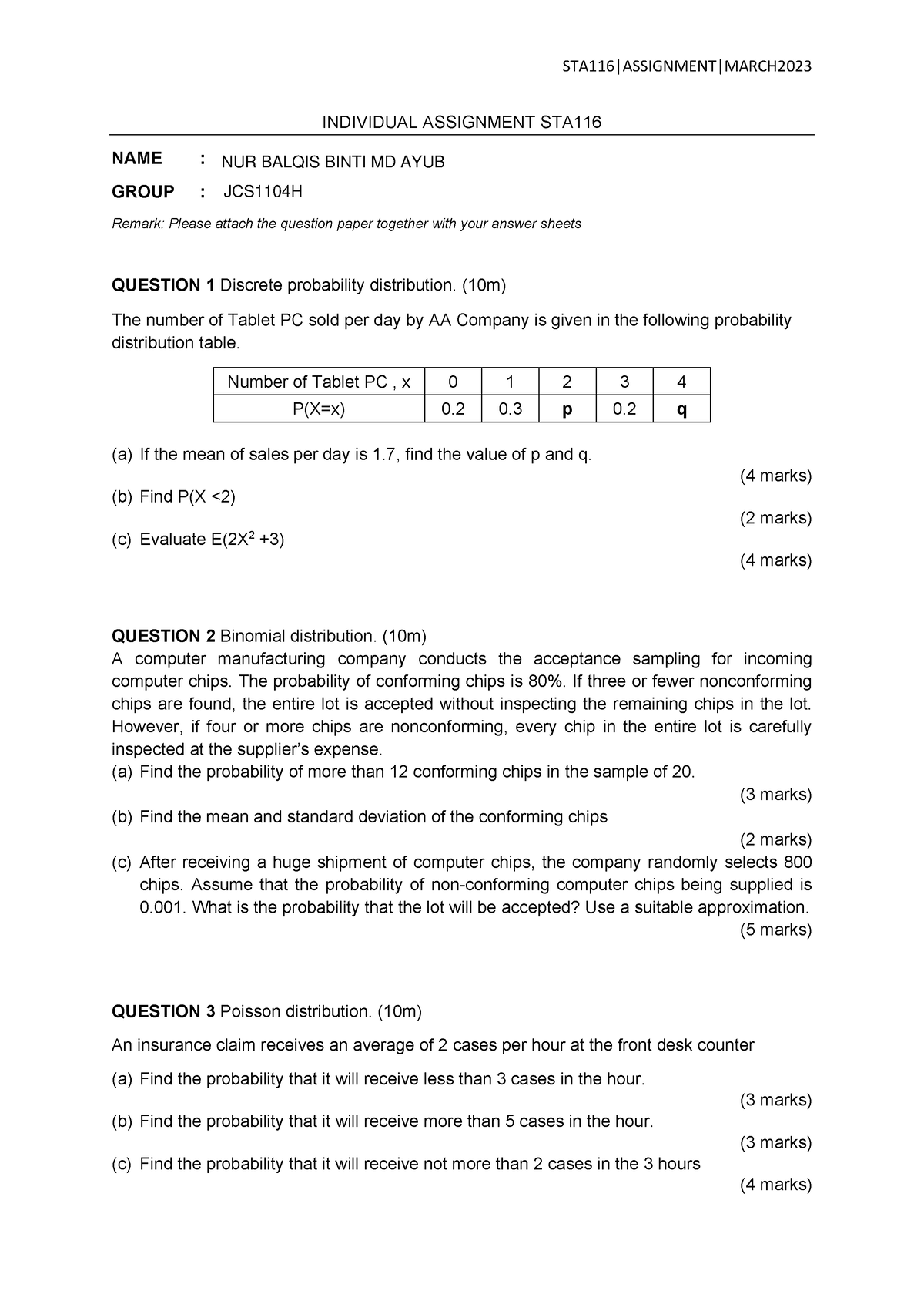 Assignment STA116 March 2023 - Introduction To Probability And ...