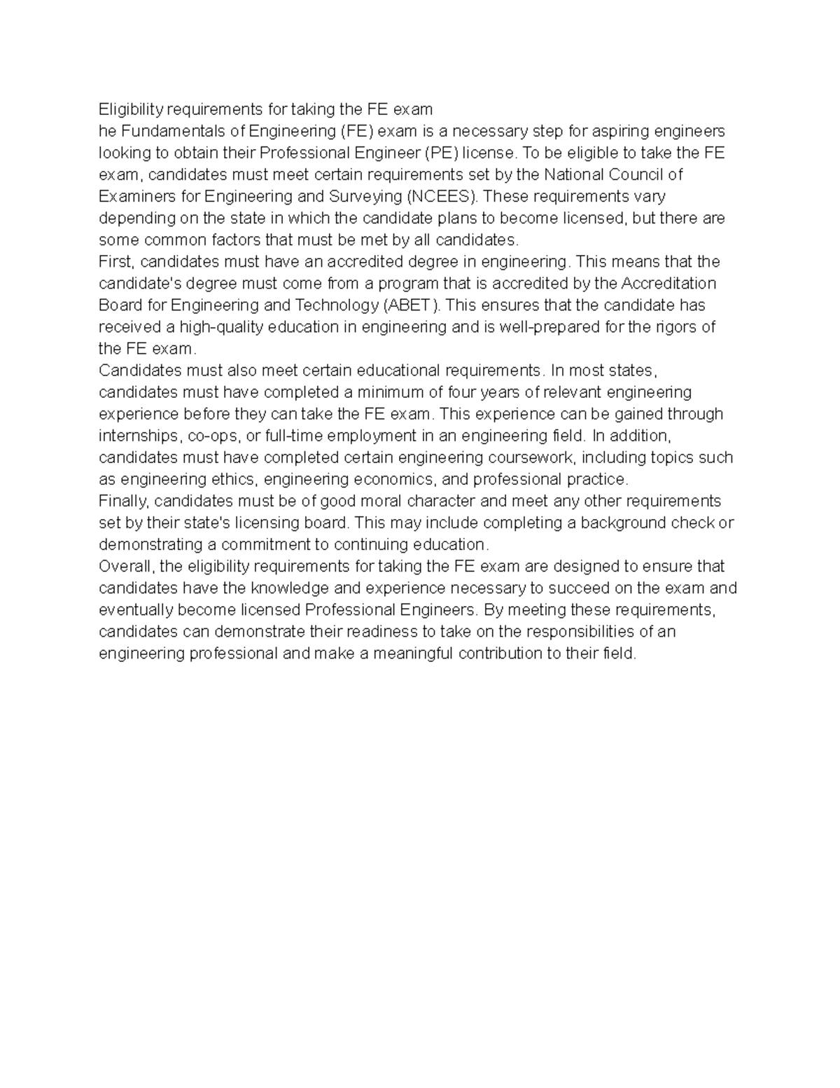 Eligibility requirements for taking the fe exam to be eligible to