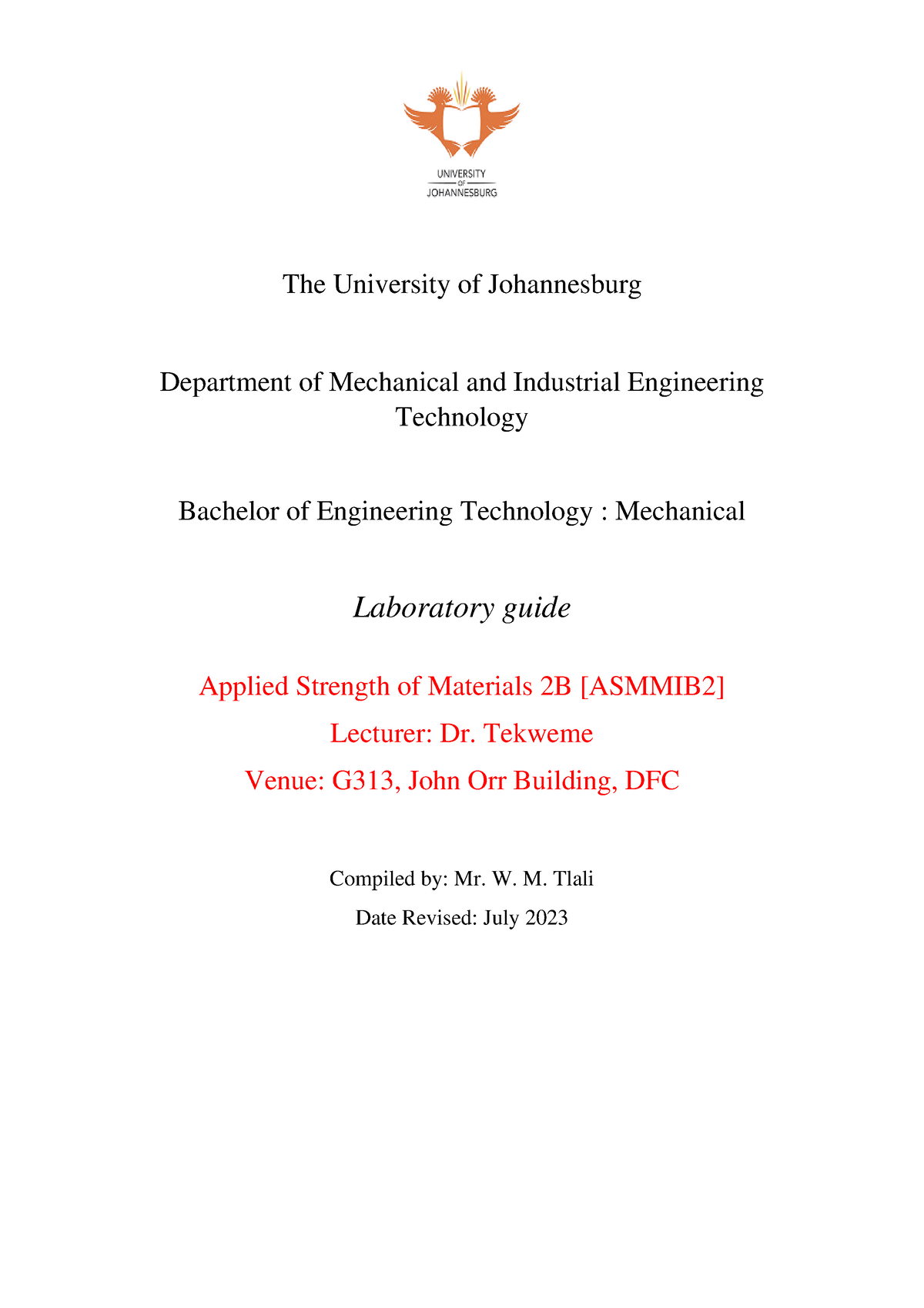 Applied strength lab 1 guide - The University of Johannesburg ...