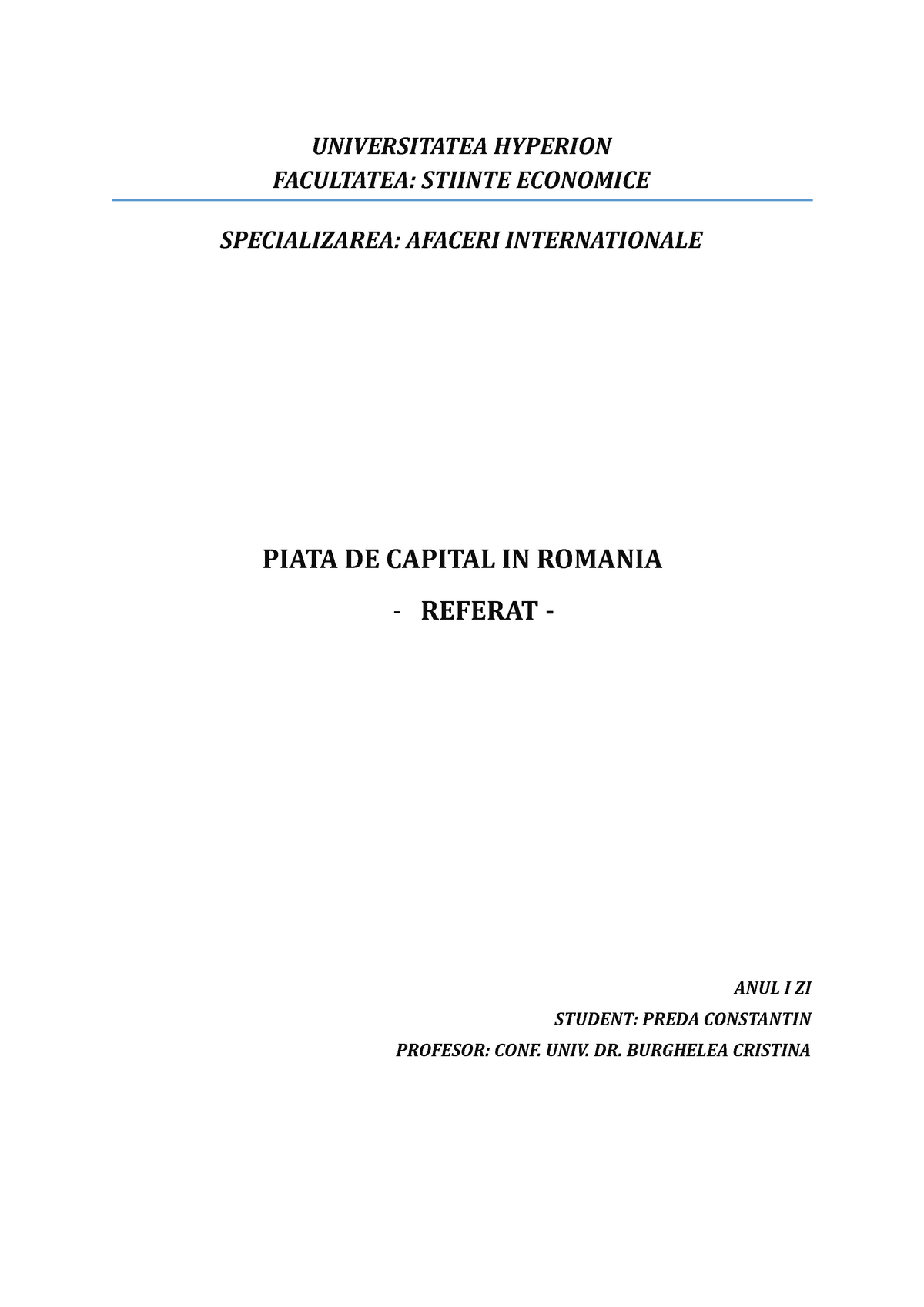 Piata DE Capital IN Romania UNIVERSITATEA HYPERION FACULTATEA