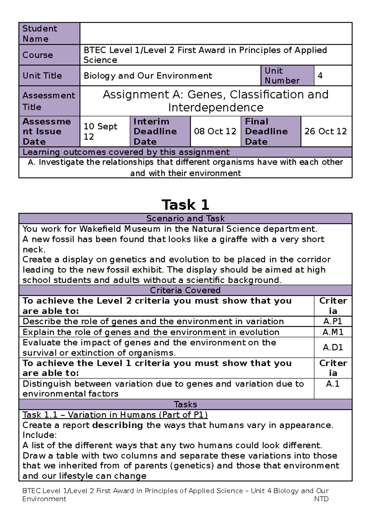 BTEC Level 2 Unit 4 Assignments Renamed 2 - Student Name Course BTEC ...