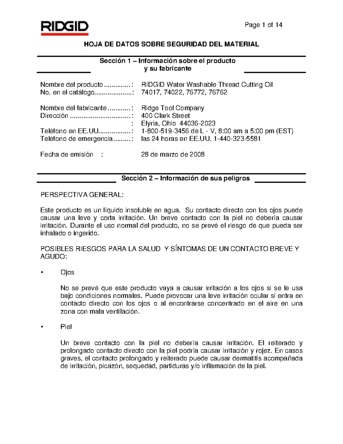 Aceite PARA Rosca - Ridgid - HOJA DE DATOS SOBRE SEGURIDAD DEL MATERIAL ...