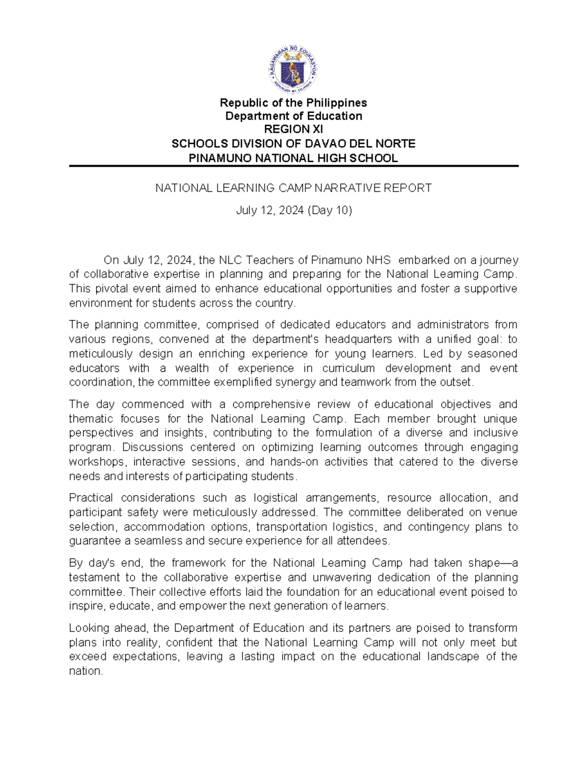 JULY 12, 2024 narrative report - Republic of the Philippines Department ...