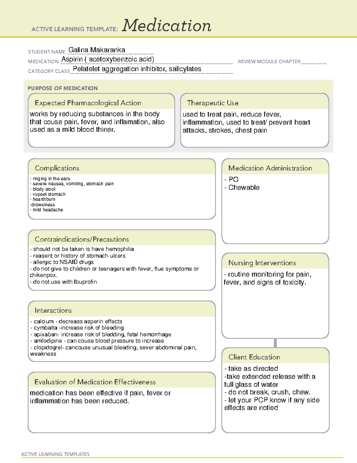 Aspirin ( acetoxybenzoic acid) - ACTIVE LEARNING TEMPLATES Medication ...