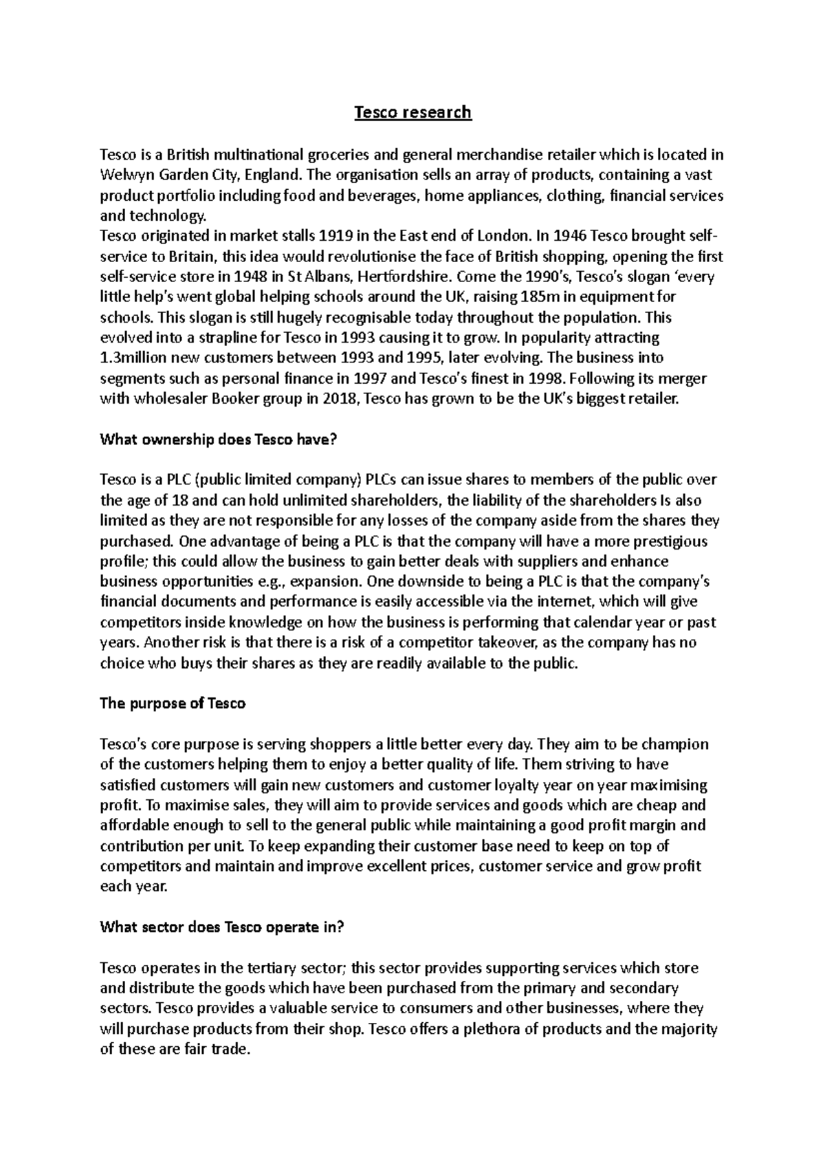 Business coursework - Lecture notes 1,4,6,3 - Tesco research Tesco is a ...