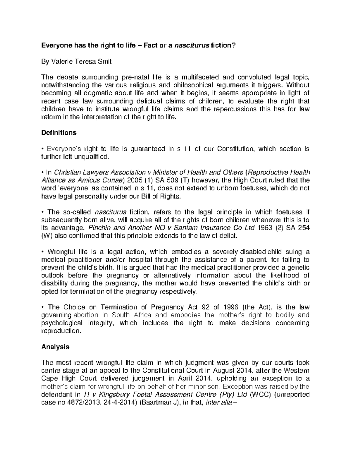 Nasciturus Fiction - Notes for Summaries made - Everyone has the right ...