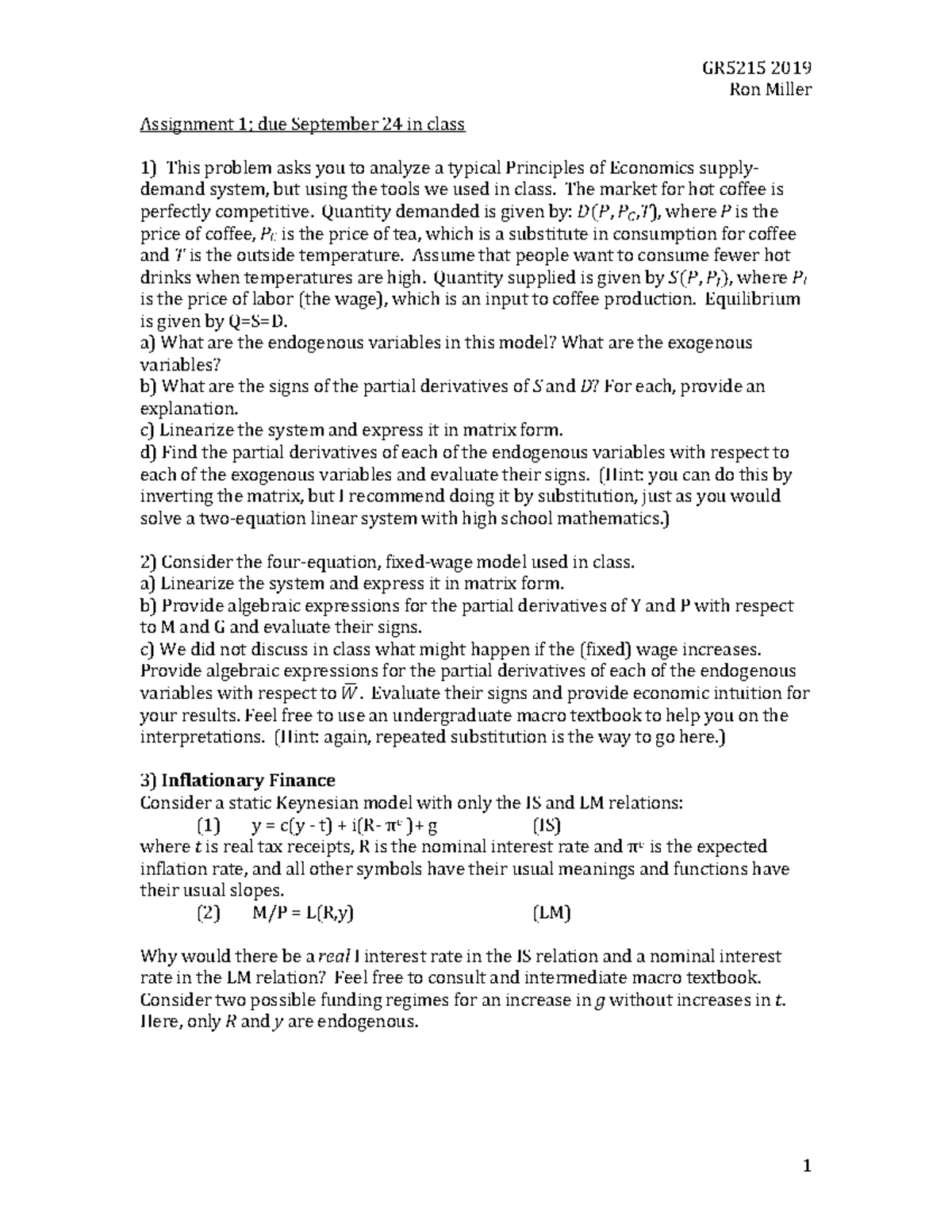 Gr5215+2019 +Assignment+1 - GR 5215 2019 Ron Miller 1 Assignment 1; due ...