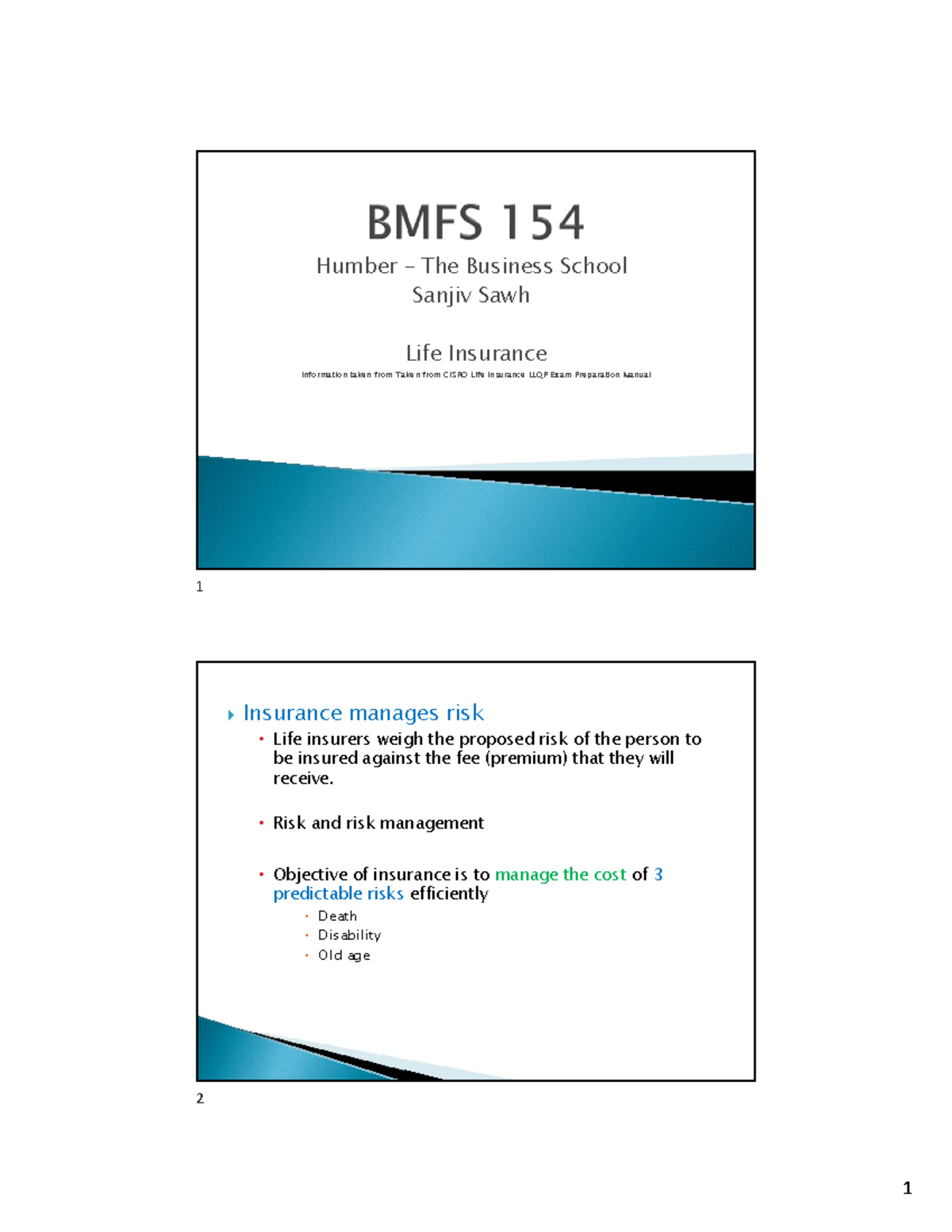 Module 2 Life Insurance - Handouts Working notes - Humber – The ...