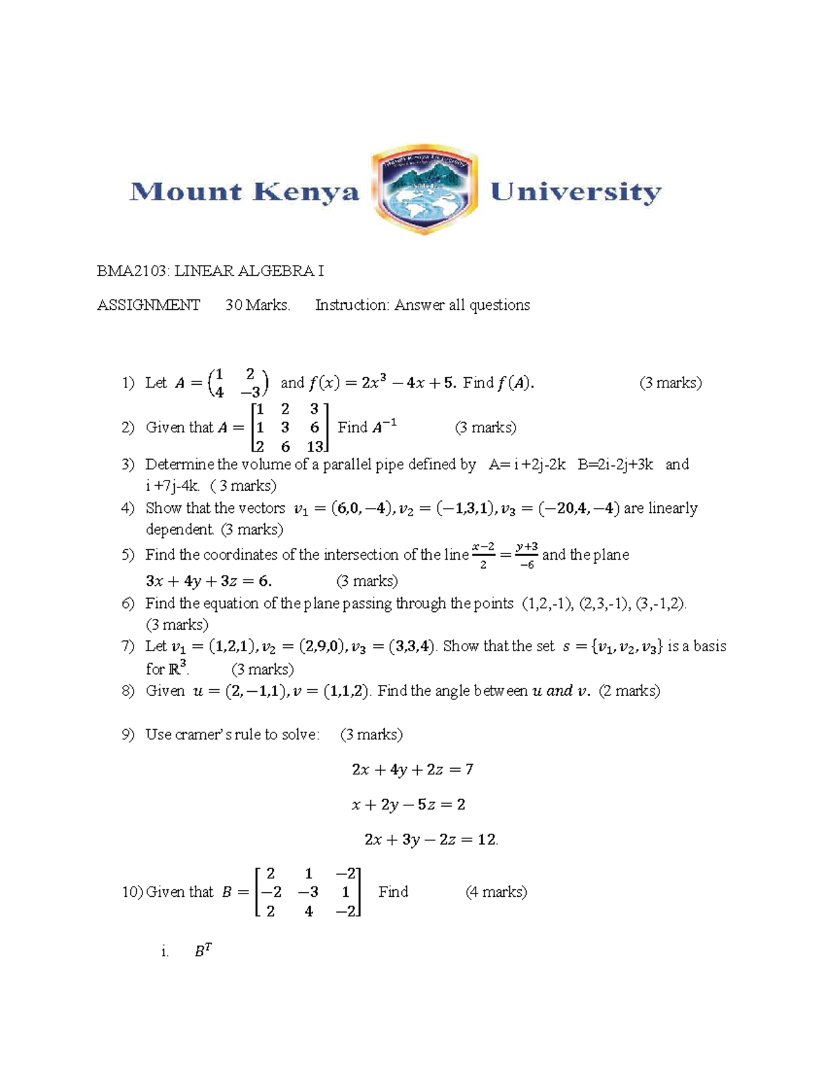 INTRODUCTION TO LINEAR ALGEBRA - BMA2103: LINEAR ALGEBRA I ASSIGNMENT ...