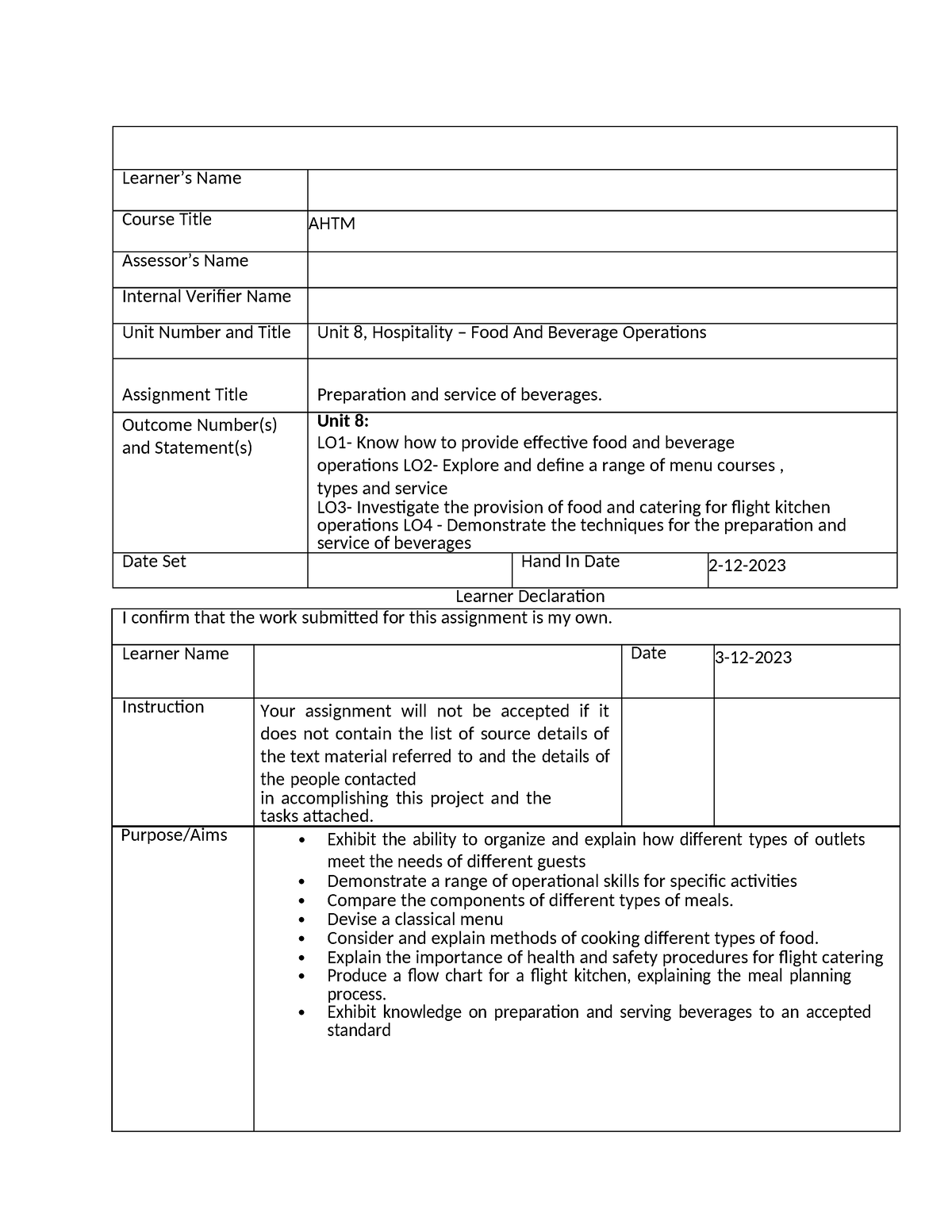 Hospitality-2 Assignments Written - Learner’s Name Course Title AHTM ...