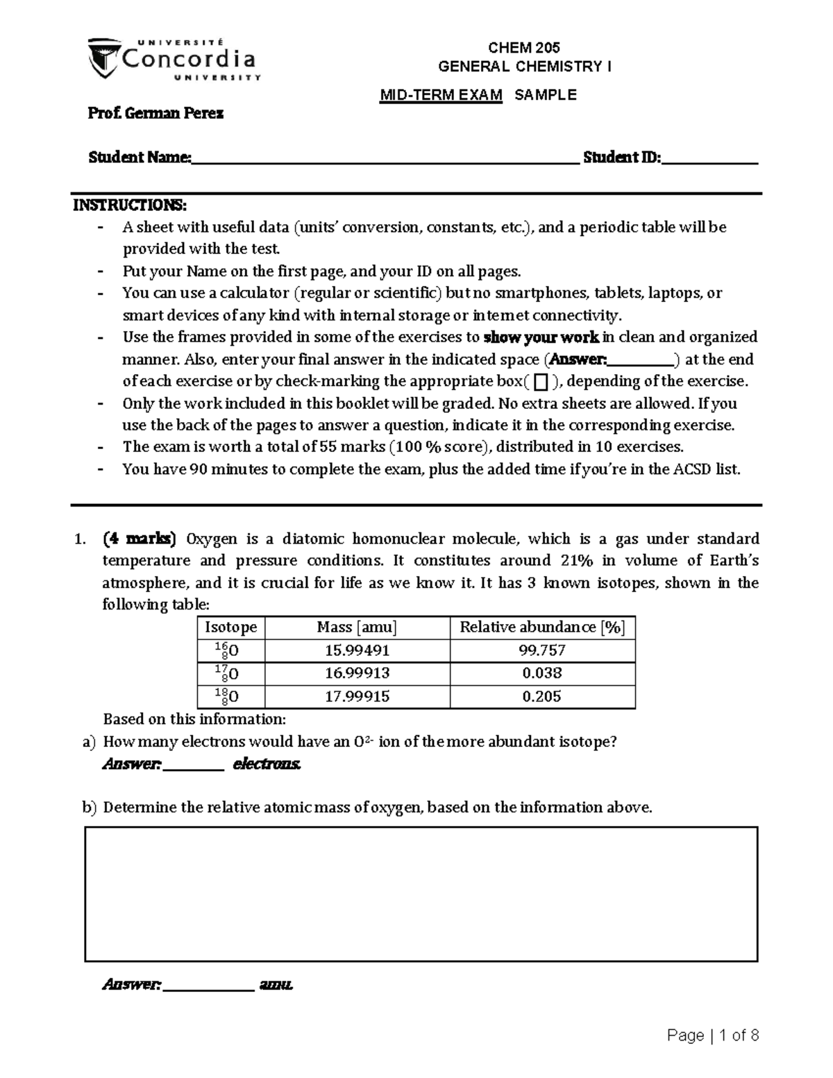 CHEM 205 Sample Midterm - GENERAL CHEMISTRY I MID-TERM EXAM SAMPLE Prof ...