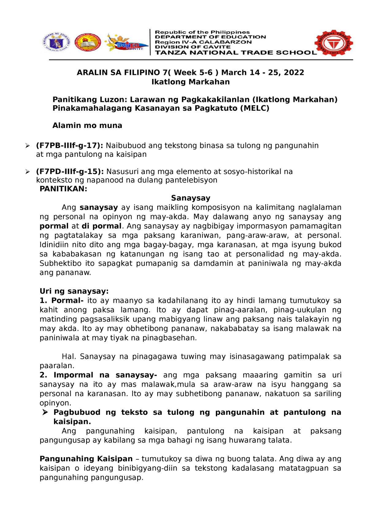 Weeks 5 6 Ikatlong Markahan - ARALIN SA FILIPINO 7( Week 5-6 ) March 14 ...