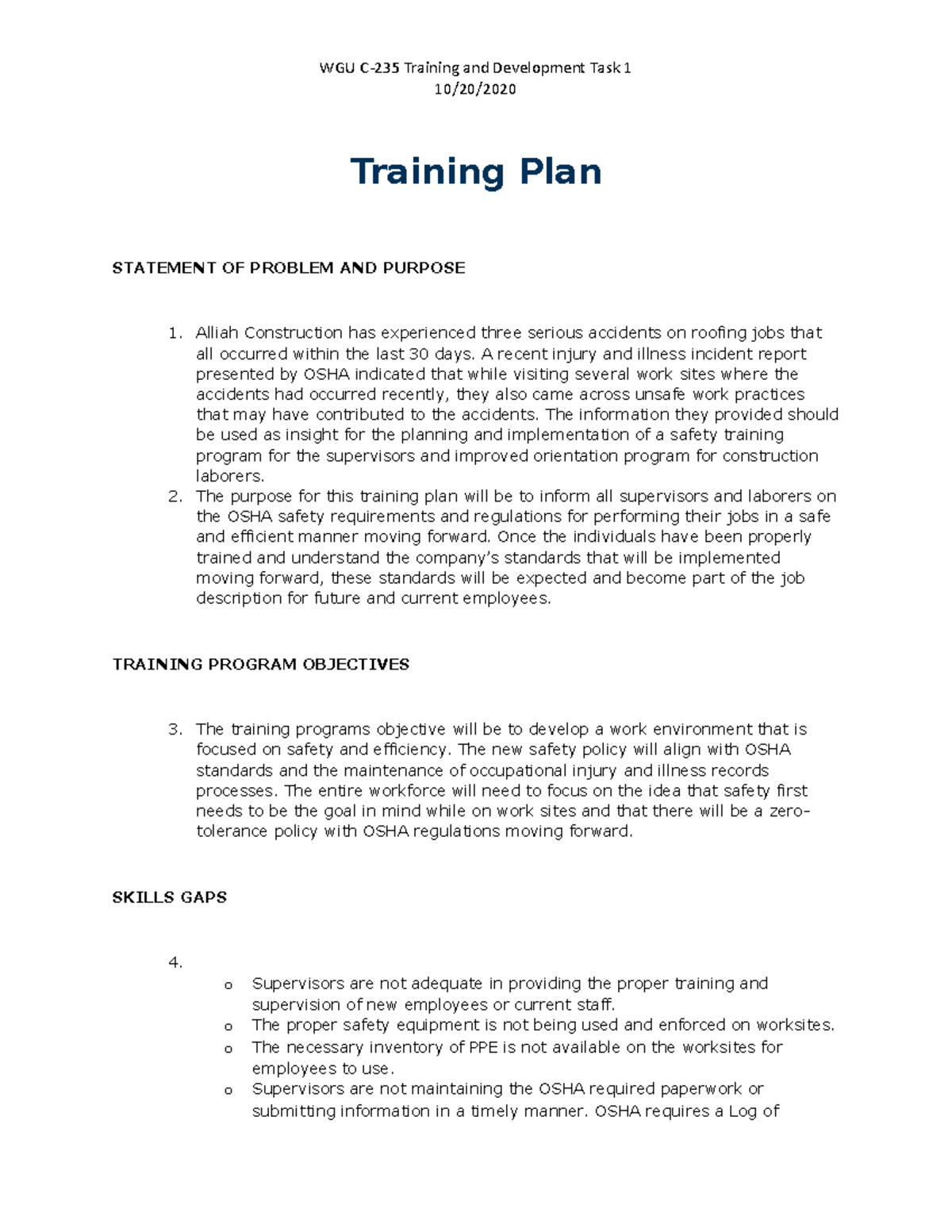 Training Plan - Grade: Pass - WGU C-235 Training and Development Task 1 ...