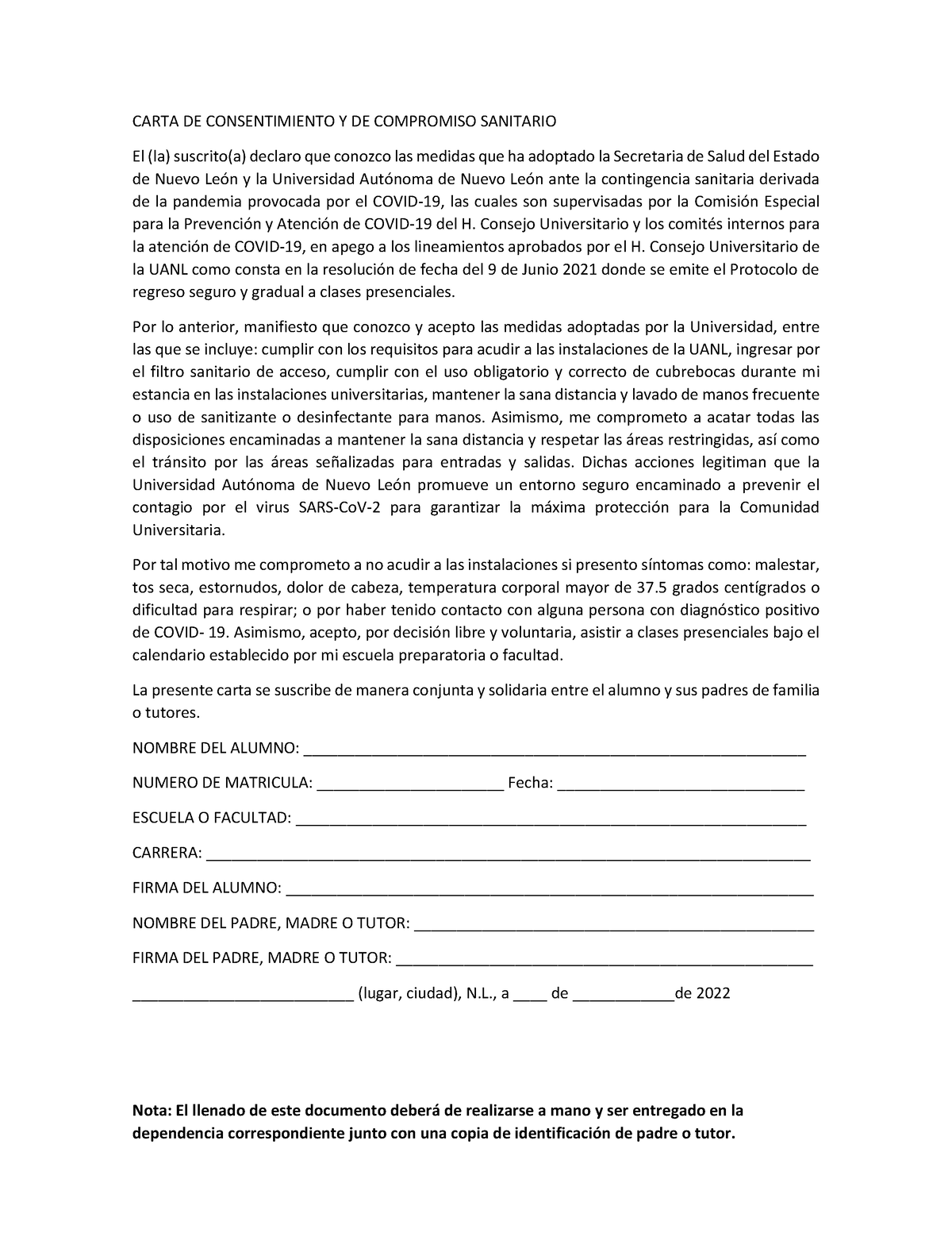 Carta De Consentimiento Clases Presenciales 2022 Nota El Llenado De Este Documento Deberá De 5172