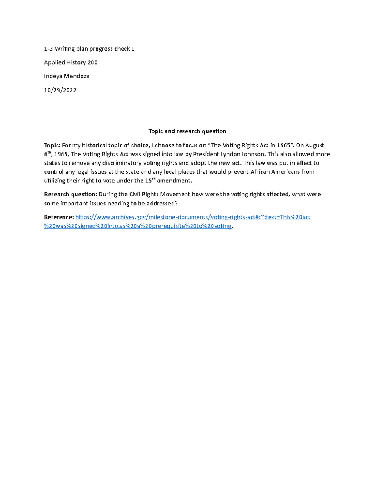 HIS 200 M1 - MODULE 1HIS - 1-3 Writing plan progress check 1 Applied ...