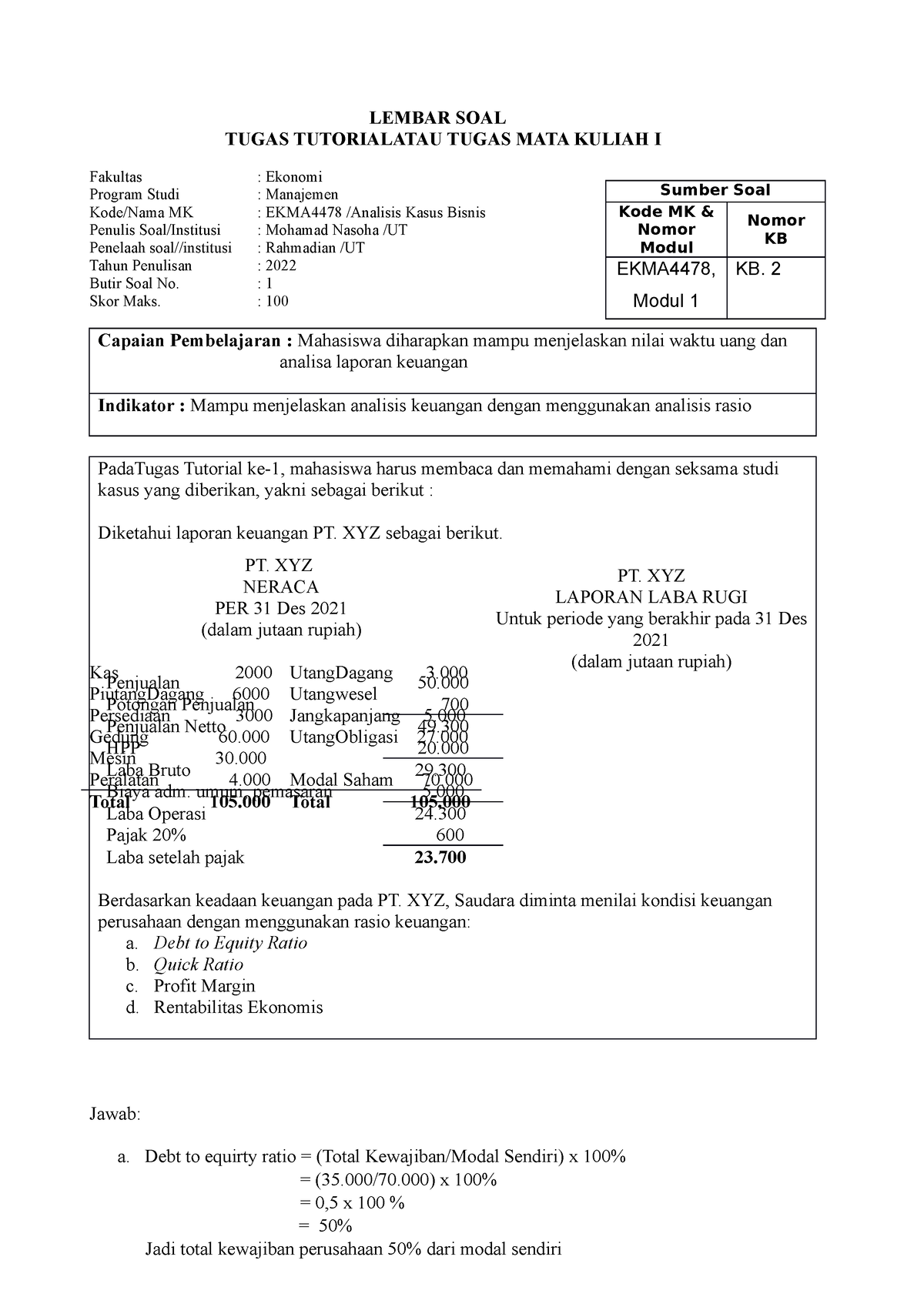 Analisis Kasus Bisnis-Tugas 1 - LEMBAR SOAL TUGAS TUTORIALATAU TUGAS ...