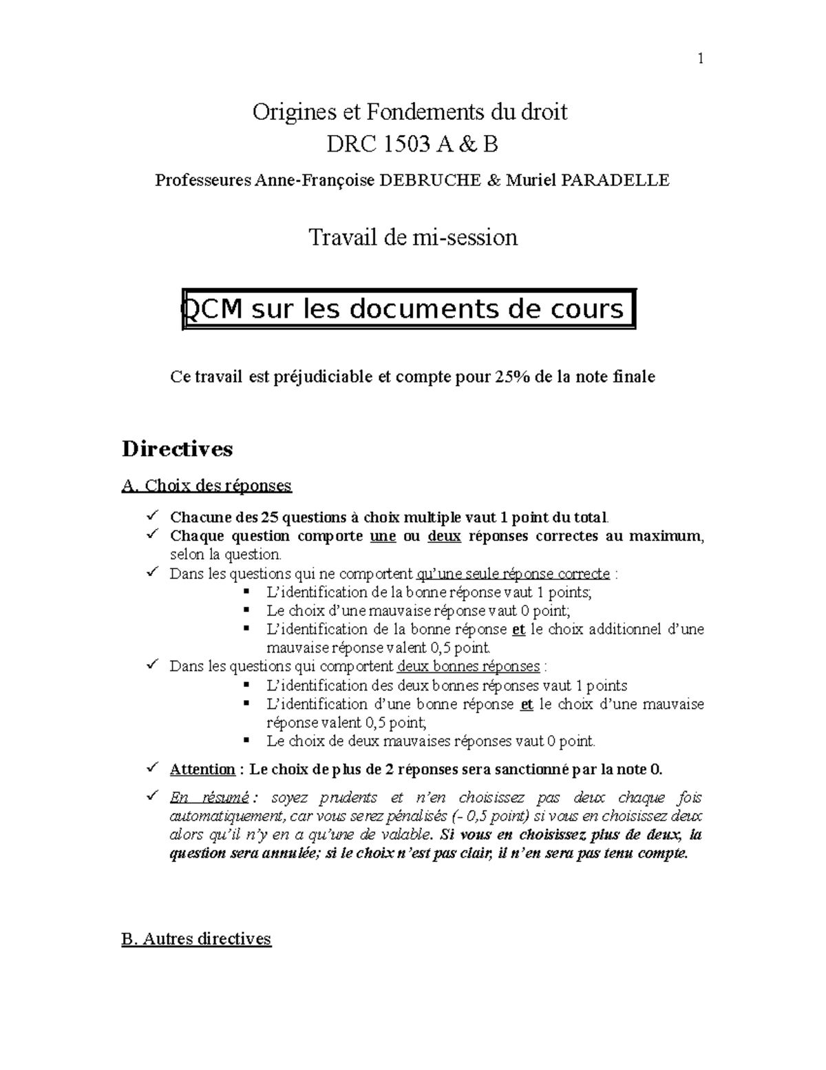 QCM Sur Les Textes DRC1503 - Origines Et Fondements Du Droit DRC 1503 A ...