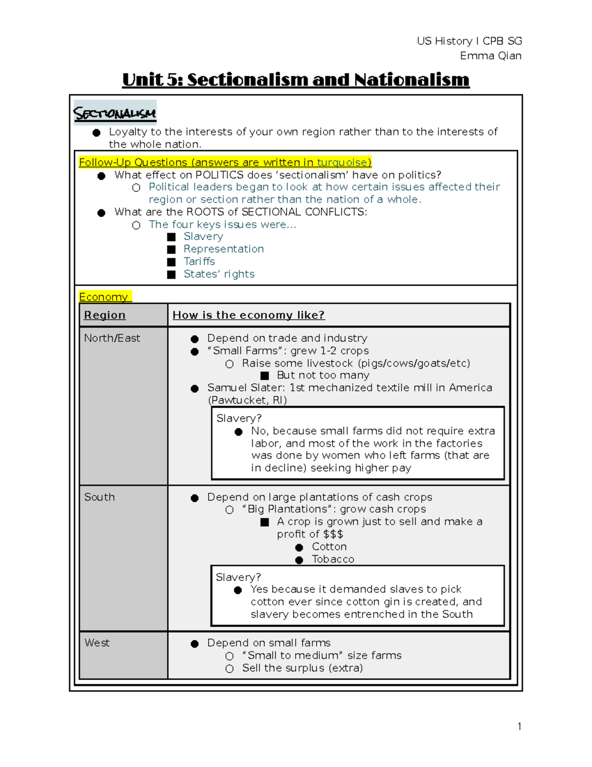 US History I CPB Unit 5 Notes Sectionalism and Nationalism US