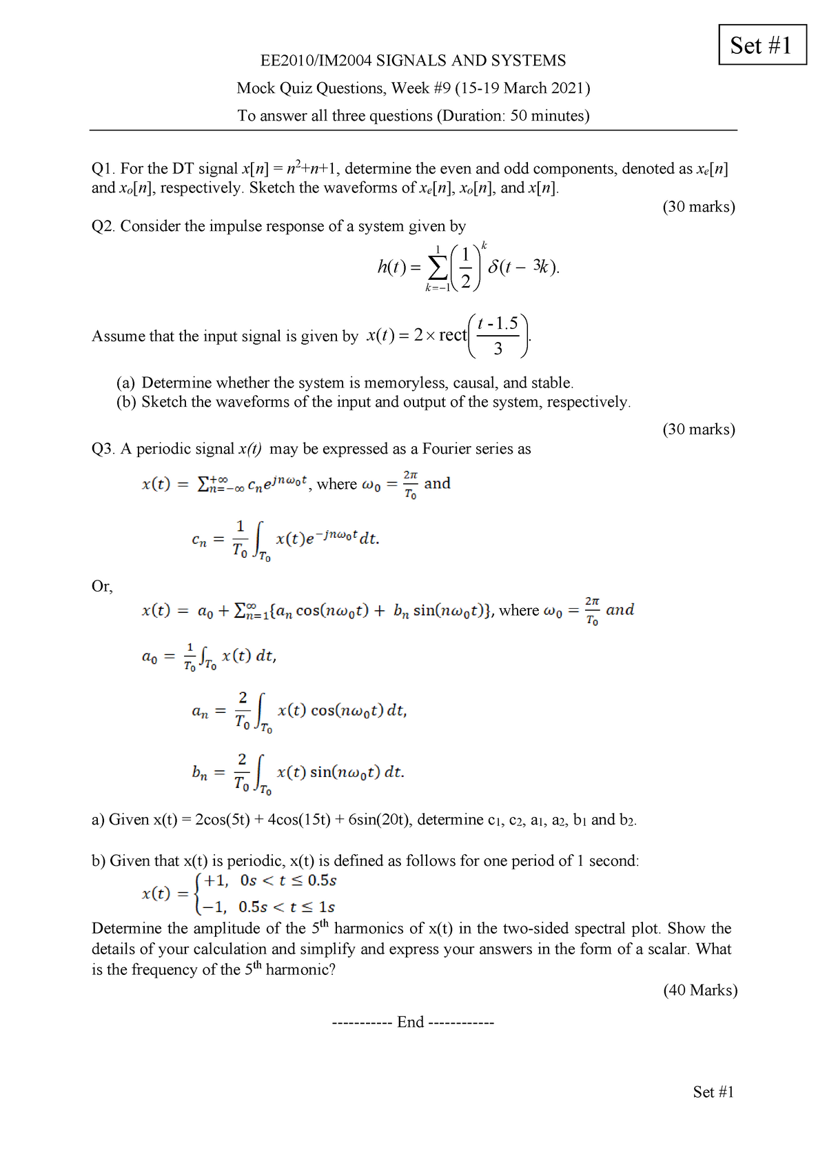 Mock Quiz Questions - Must Practice for Quiz! - EE2010/IM2004 SIGNALS ...