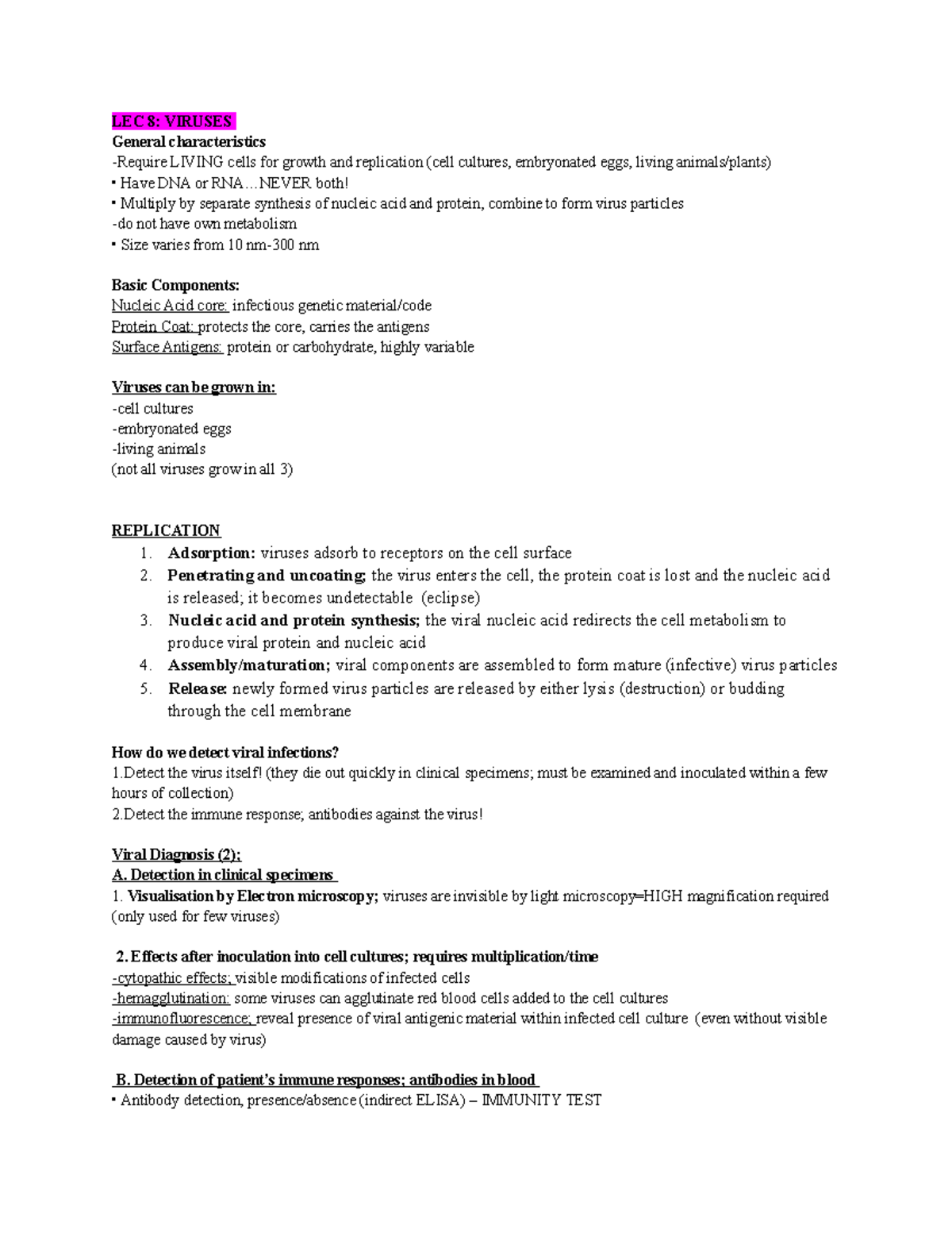 LEC 8 - LECTURE NOTES 8 - LEC 8: VIRUSES General characteristics ...