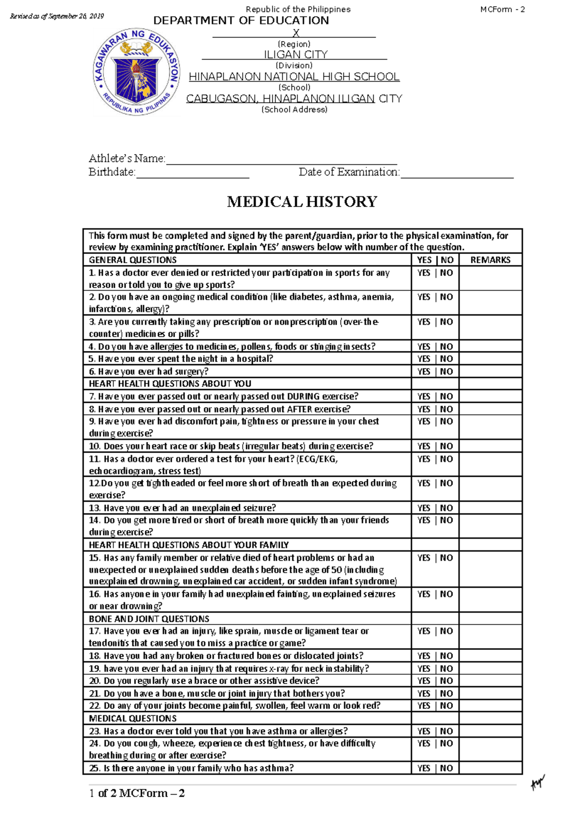 Medical for Athletes 2 1 - Republic of the Philippines MCForm - 2 ...