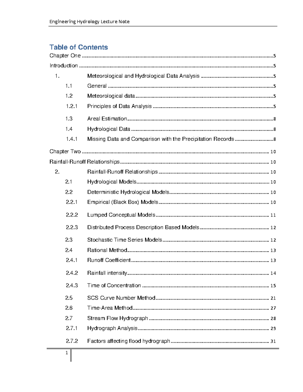 Engineering Hydrology Lecture Note - Table of Contents Chapter One ...