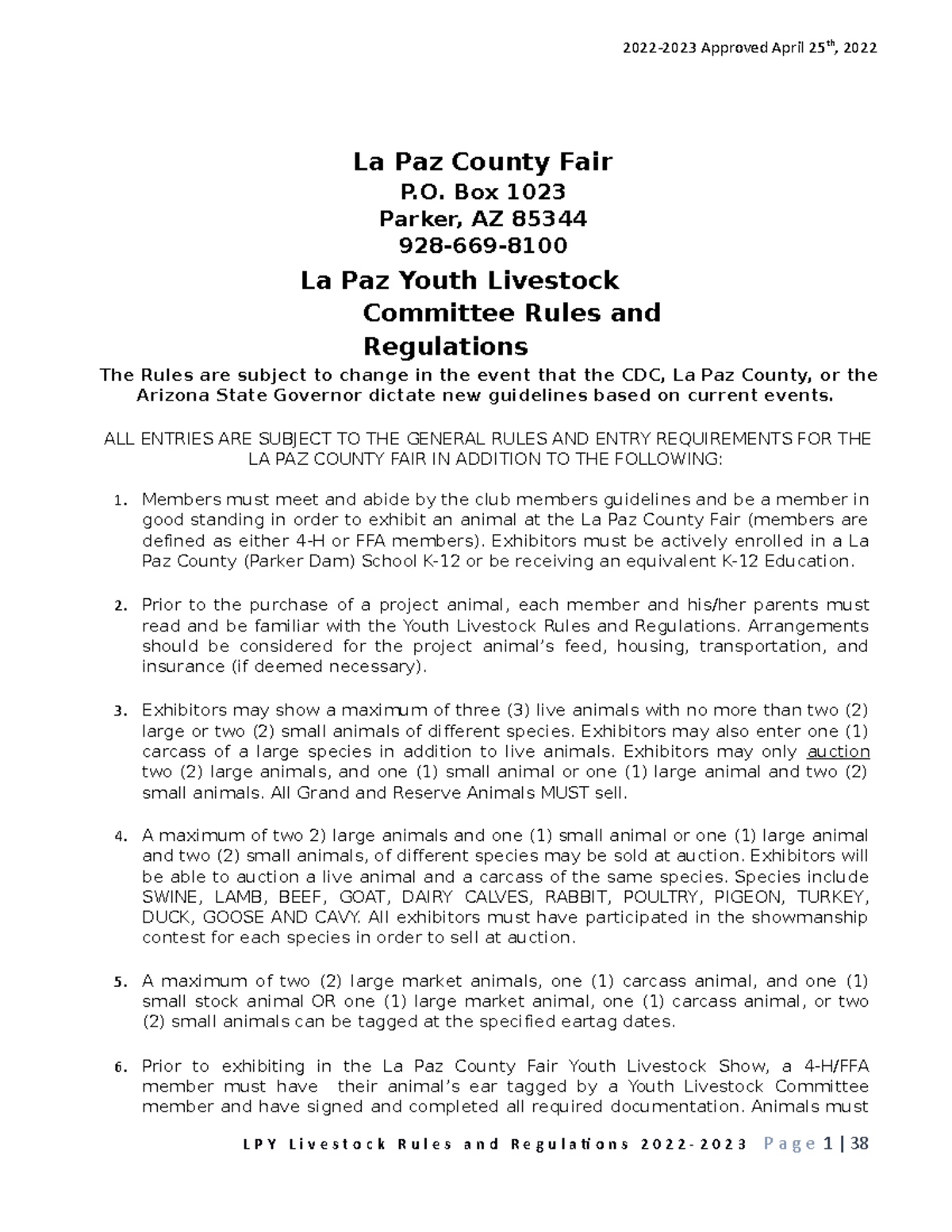Final Version 20222023 La Paz Youth Livestock Rules and Regulations