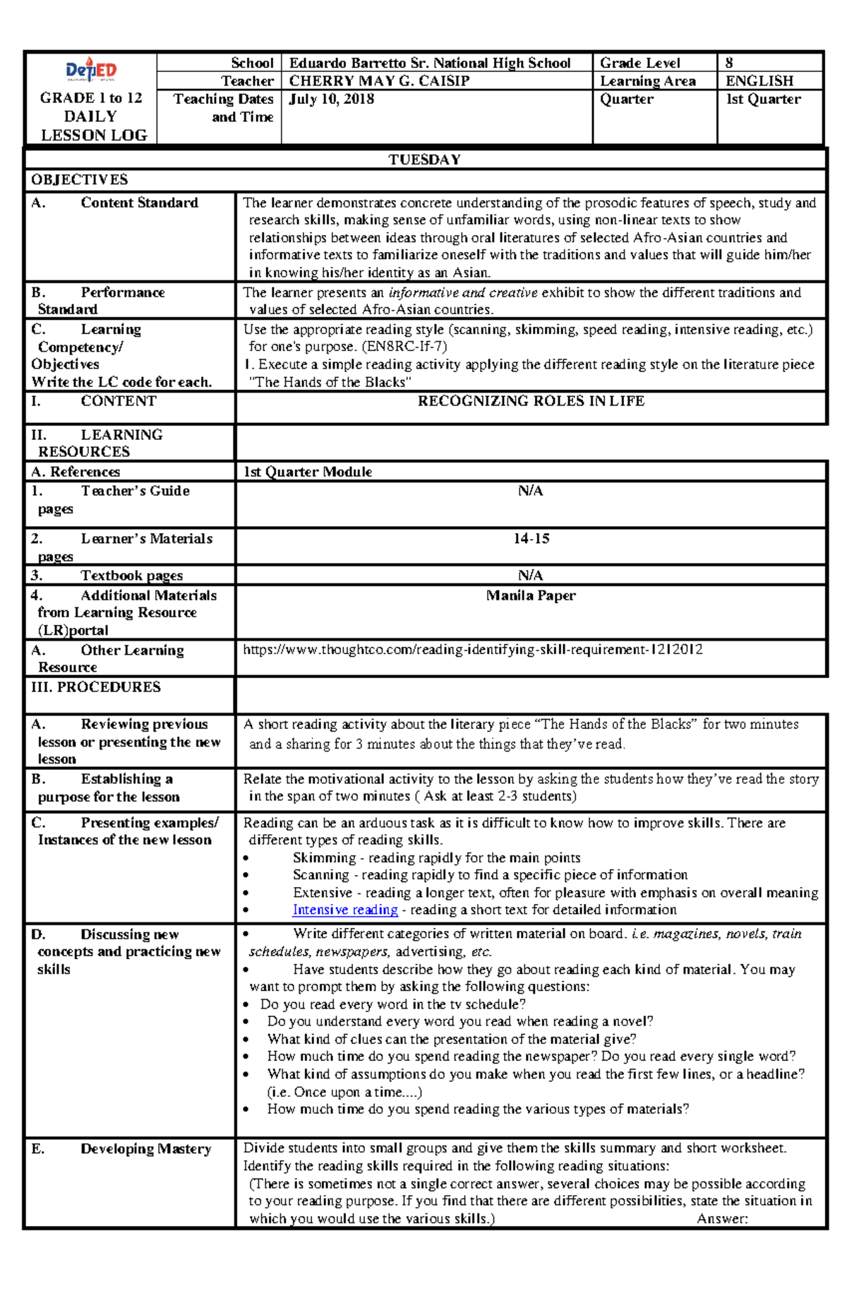 Reading style grade 7 - gsdsds - TUESDAY OBJECTIVES A. Content Standard ...