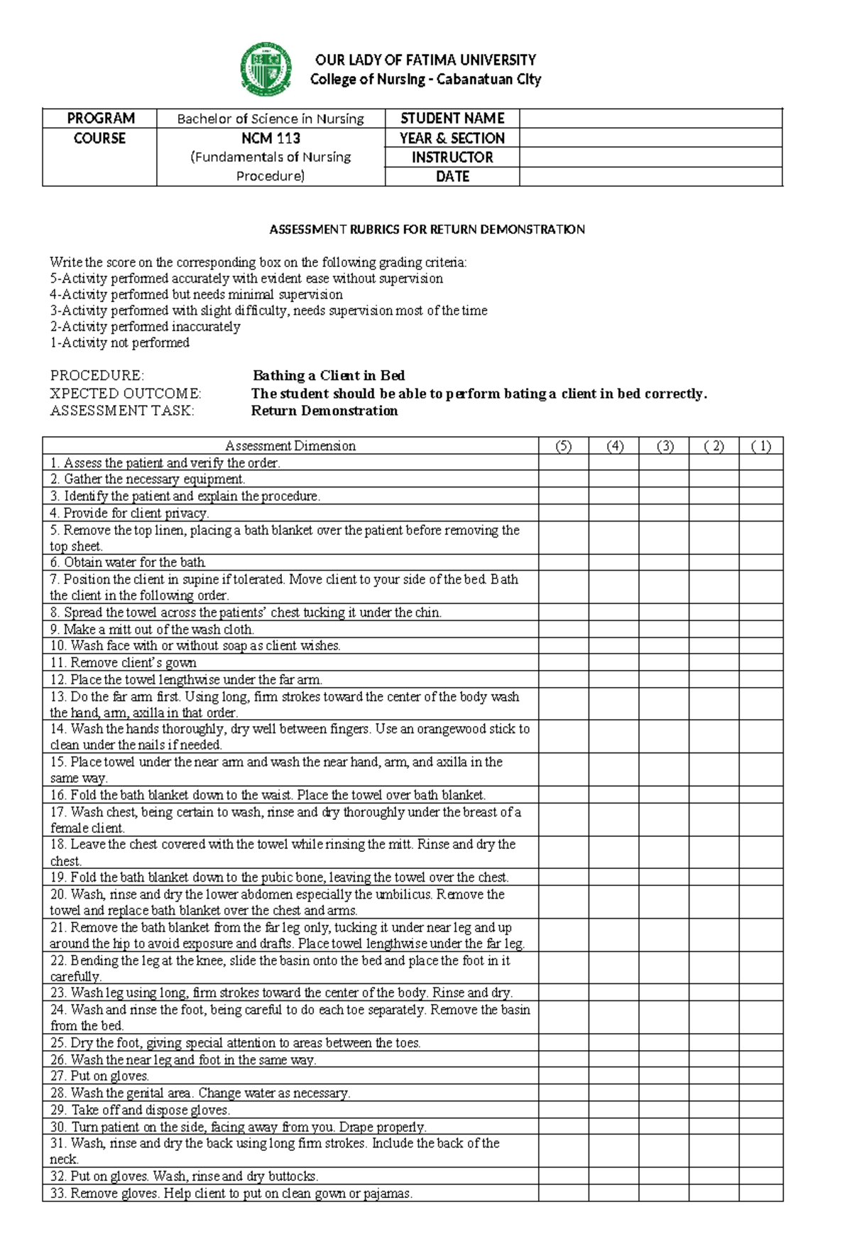 NCM100 Rubric Bathing A Client In Bed - OUR LADY OF FATIMA UNIVERSITY ...