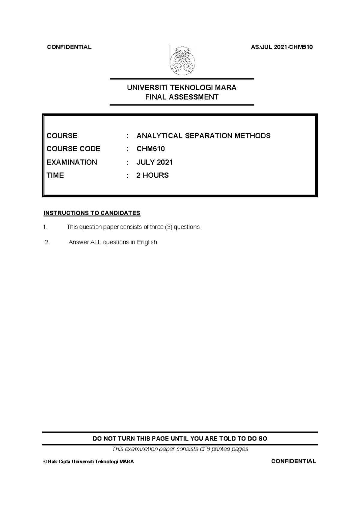 CHM510 PDF 240703 132135 - UNIVERSITI TEKNOLOGI MARA FINAL ASSESSMENT ...